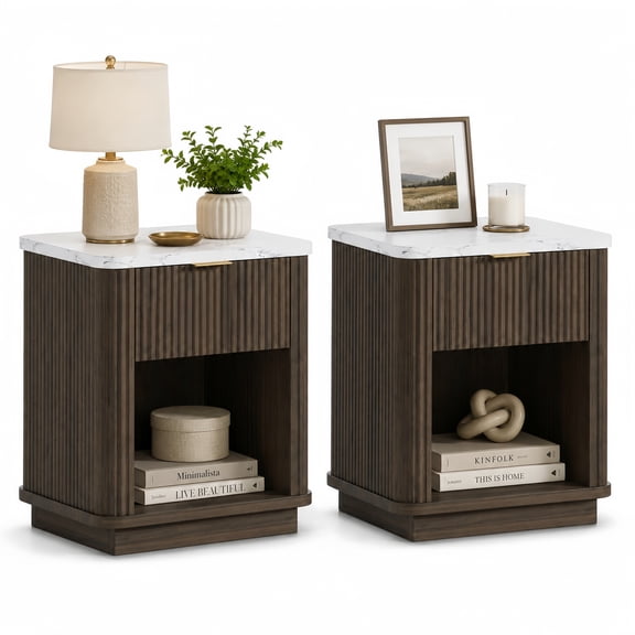 Leumius Modern Nightstands Set of 2 for Bedroom with Storage Drawer & Open Shelf,Gold-Tone Handle,Bedside Table End Table for Guest Room,Dorm,Walnut