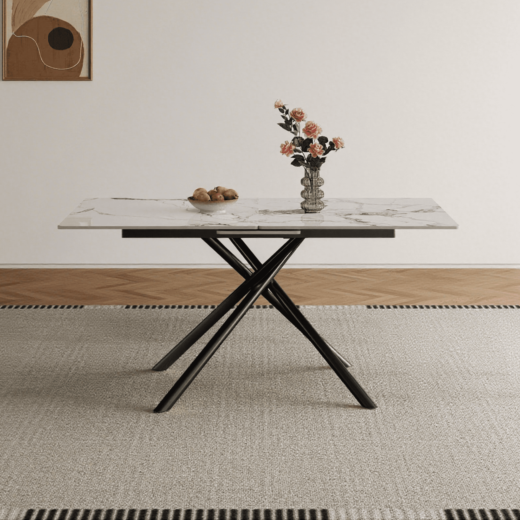 Leumius Modern Rectangle Expandable Dining Table for 2-6,47.2"-59" Kitchen Table with Steel X-Base for Small Apartments,Kitchen,Dining Room,Black White