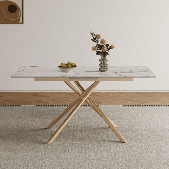 Leumius Modern Rectangle Expandable Dining Table for 2-6,47.2"-59" Kitchen Table with Steel X-Base for Small Apartments,Kitchen,Dining Room,Gold White