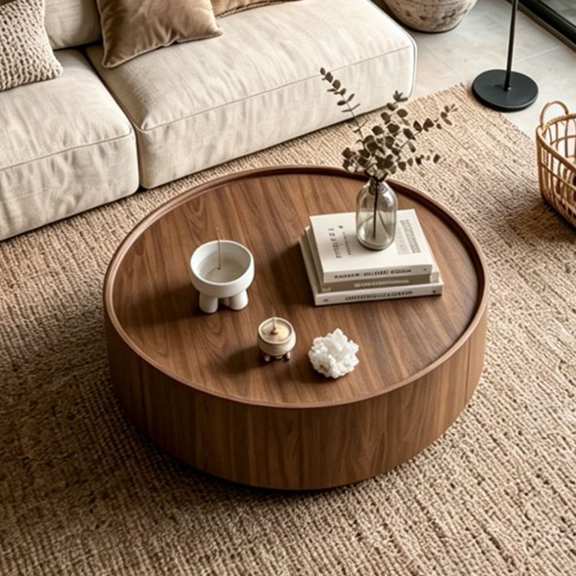 Leumius Modern Round Coffee Table with 2 Hidden Storage Drawers, Walnut Wood Finish Drum Circle Coffee Table with Storage for Living Room Bedroom