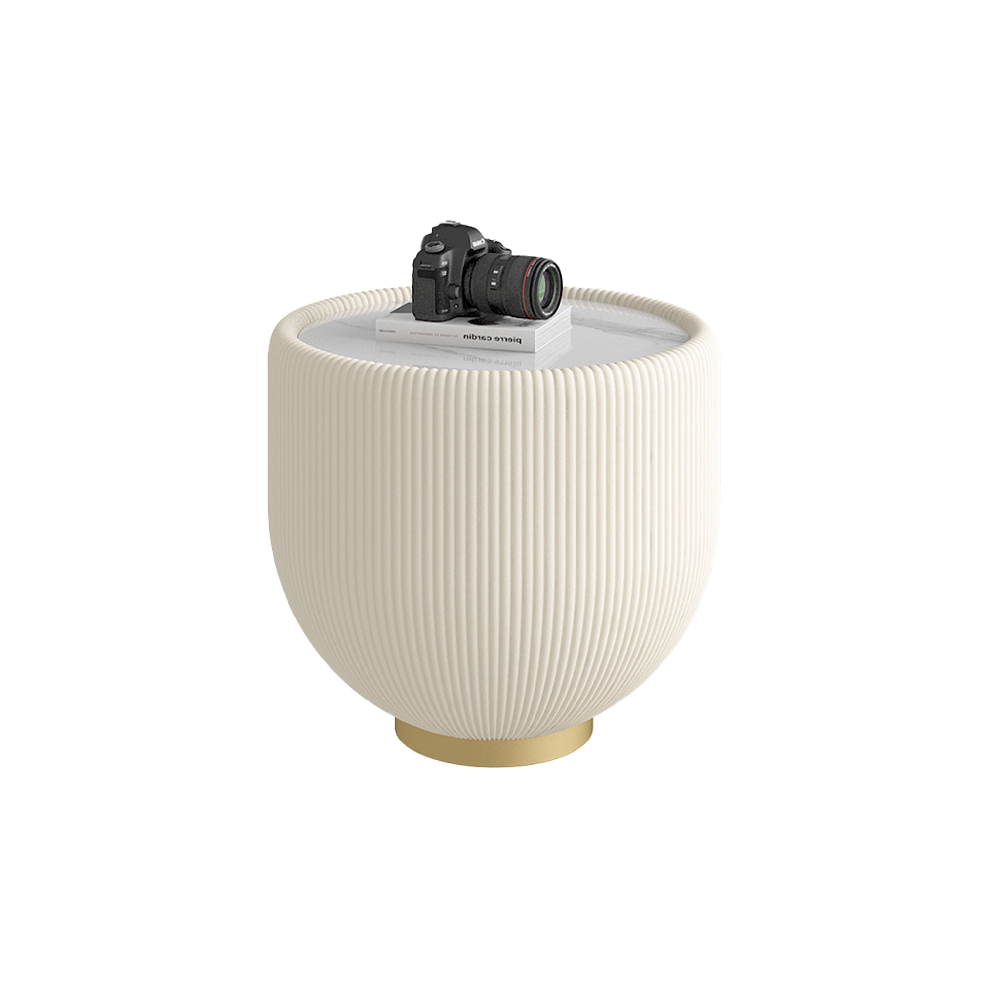 Leumius Modern Round Sintered Stone Pattern Tabletop Leather Edge Sofa End Table with Metal Base,Luxurious Side Table for Home Decor Living Room Beige