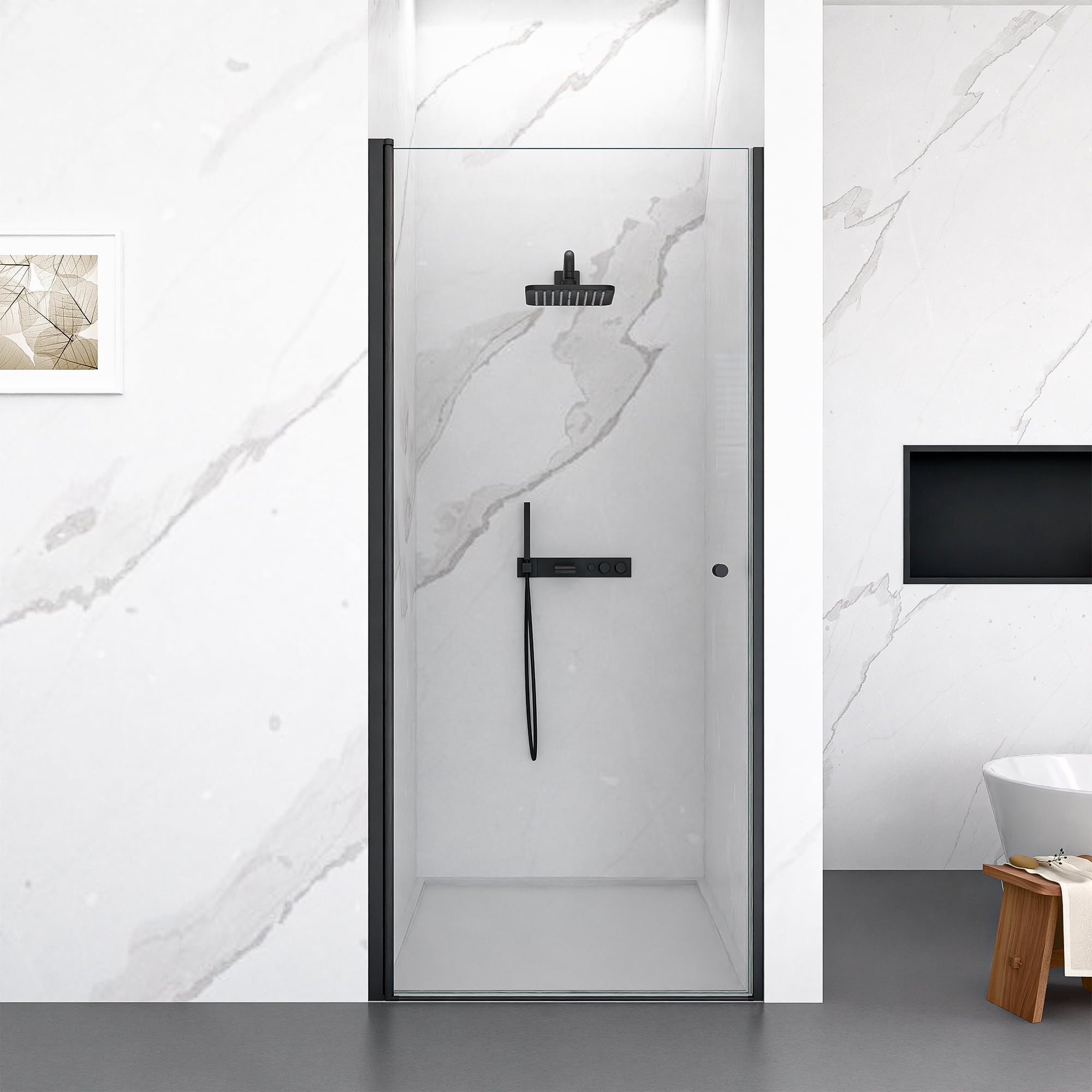 Leumius Modern Semi-Frameless Circular Pivot Shower Door - 24"W x 72"H Matte Black Frame, 6mm SGCC Tempered Glass.
