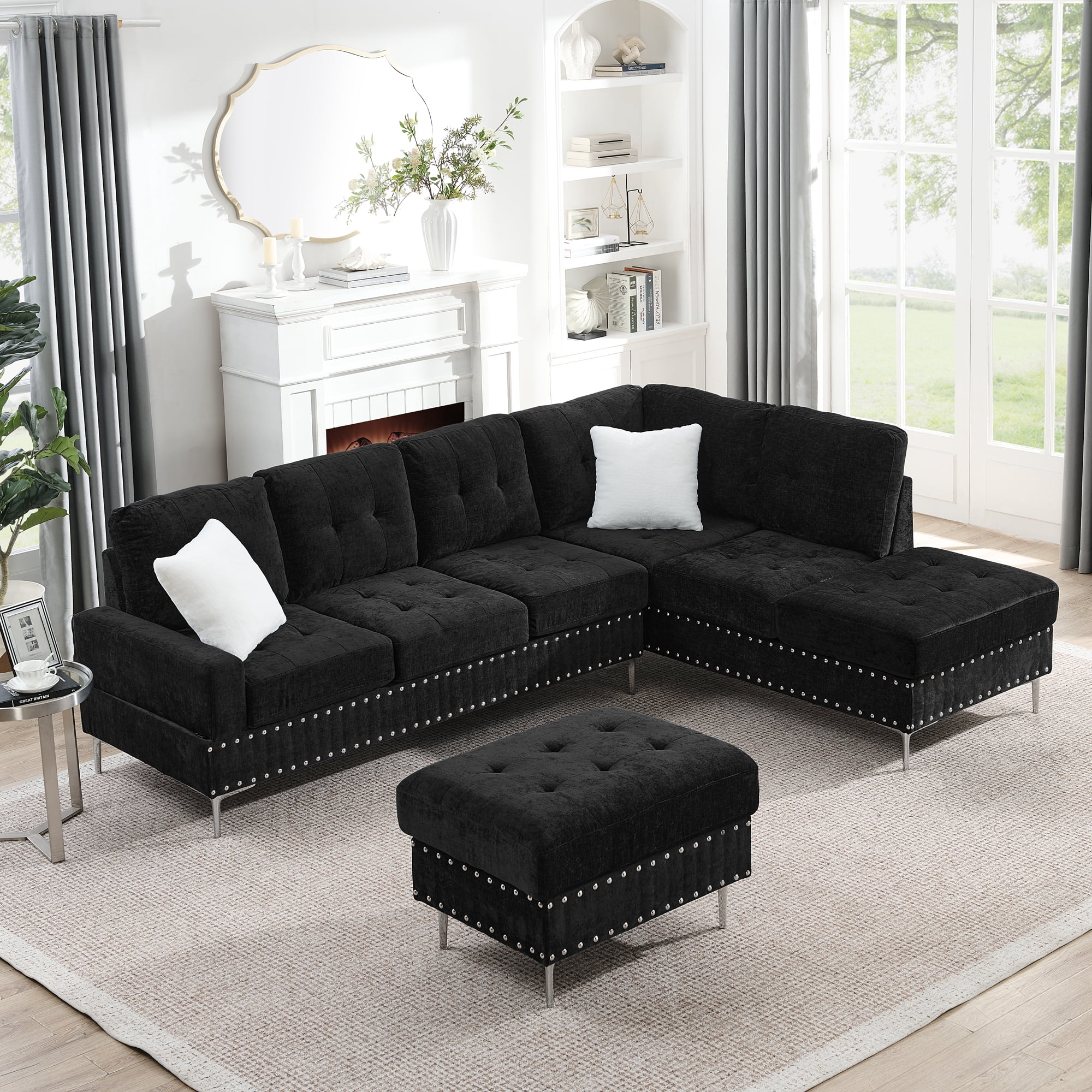 Leumius Modular Sectional Sofa with Chaise and Storage Ottoman,U/L Shaped Sectional Sofa with 2 Pillows,Modern Copper Nails Design Couch with Deep Seat and Thickened Cushion for Living Room,Black