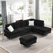Leumius Modular Sectional Sofa with Chaise and Storage Ottoman,U/L Shaped Sectional Sofa with 2 Pillows,Modern Copper Nails Design Couch with Deep Seat and Thickened Cushion for Living Room,Black