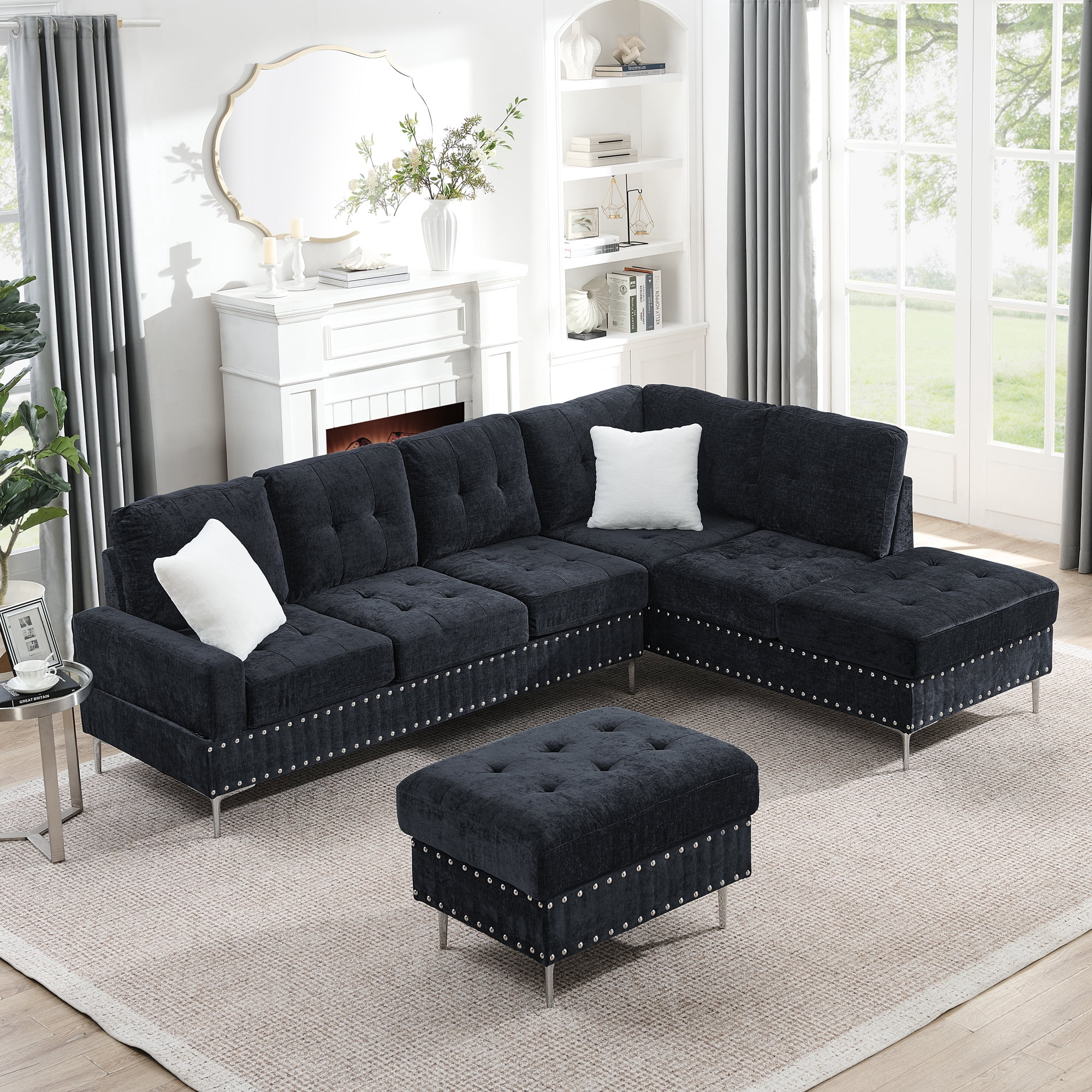 Leumius Modular Sectional Sofa with Chaise and Storage Ottoman,U/L Shaped Sectional Sofa with 2 Pillows,Modern Copper Nails Design Couch with Deep Seat and Thickened Cushion for Living Room,Navy Blue