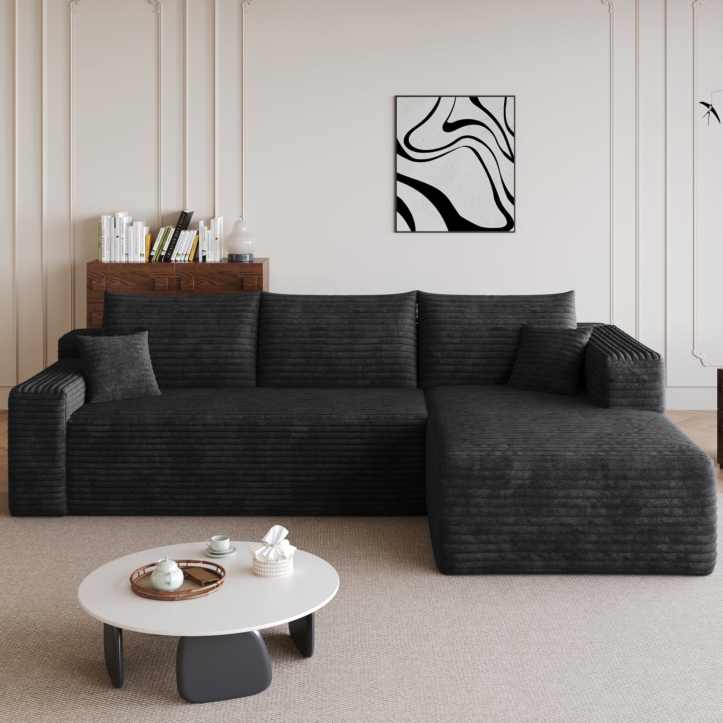 Leumius Modular Sectional Sofa,Oversized L-Shape Cloud Couch,Modern Corduroy Upholstered Couches for Living Room,No Assembly Required,Black(Right Facing Chaise)