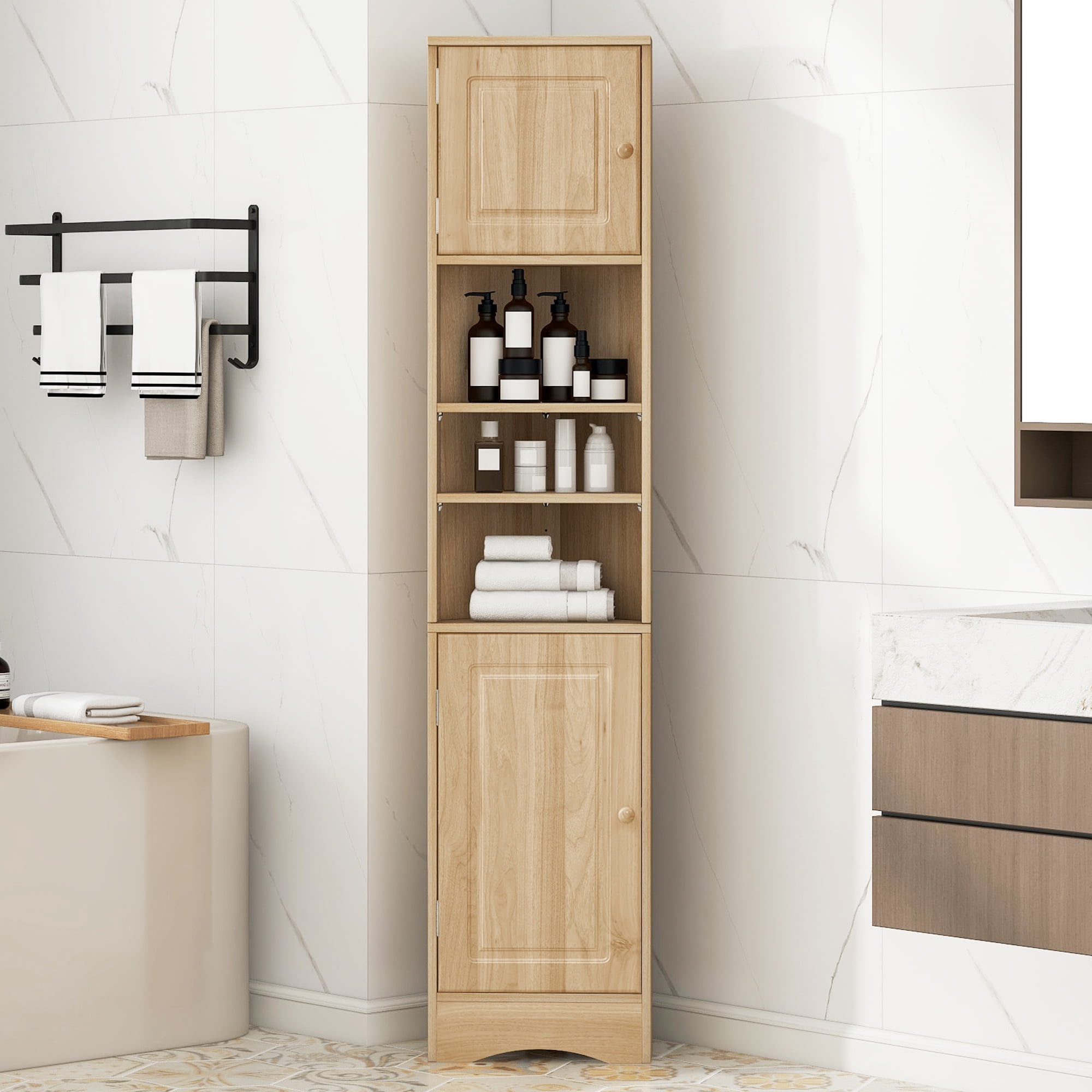 Leumius Multi-Functional Corner Bathroom Storage Cabinet with Two Doors, Adjustable Shelves, Open Shelf, Triangle Space-Saving Design, Natural Finish