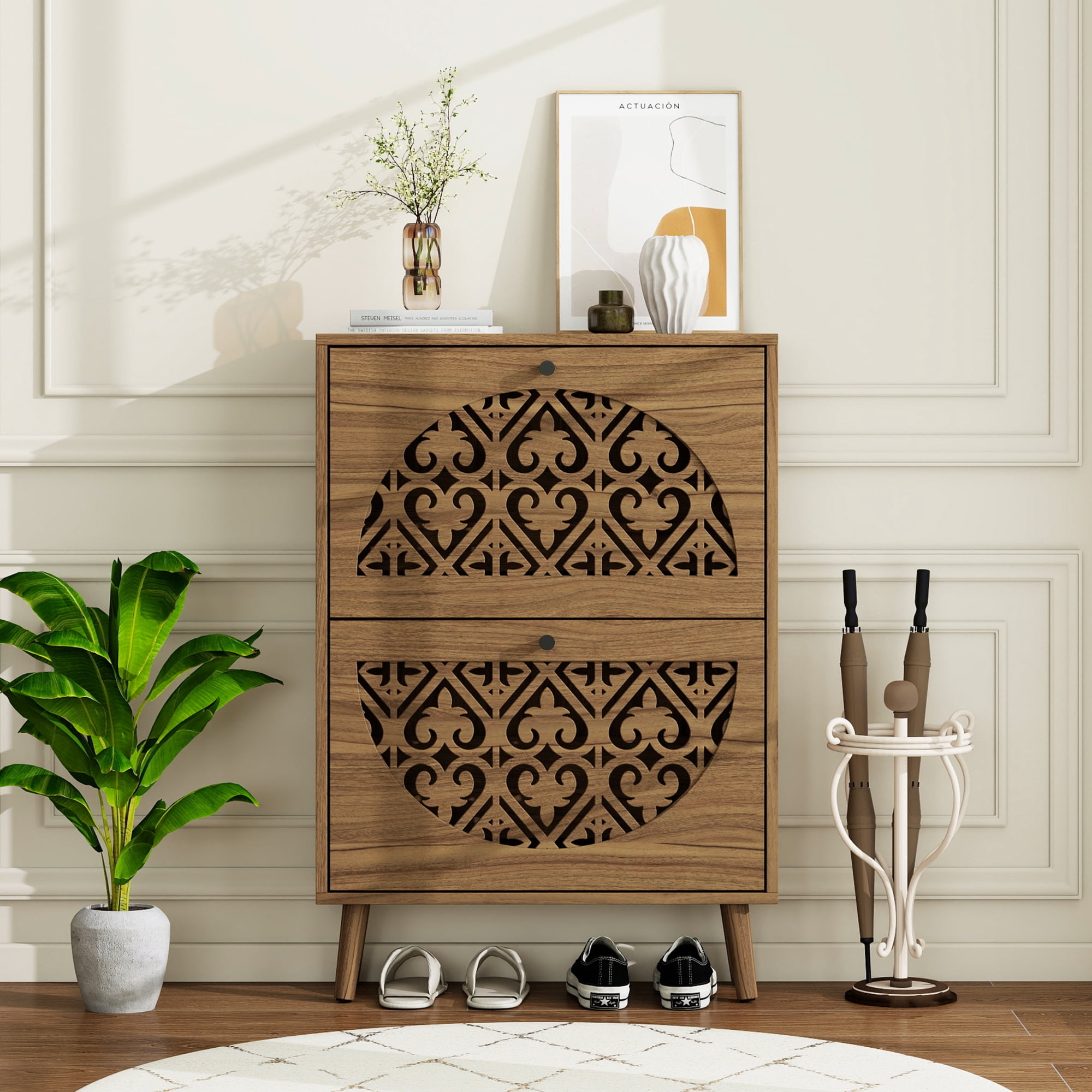 Leumius Narrow Shoe Cabinet with 2 Flip Drawers, Carved Floral Pattern Wooden Shoe Storage Organizer, Freestanding Hidden Shoe Rack for Entryway Hallway Living Room Walnut