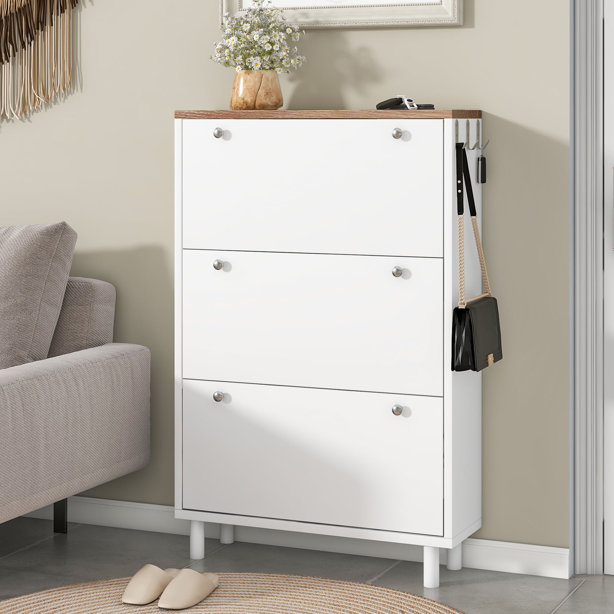 Leumius Narrow Shoe Cabinet with 3 Flip Drawers Adjustable Entryway Organizer with 3 Hooks, 47.6 inch x 31.5 inch