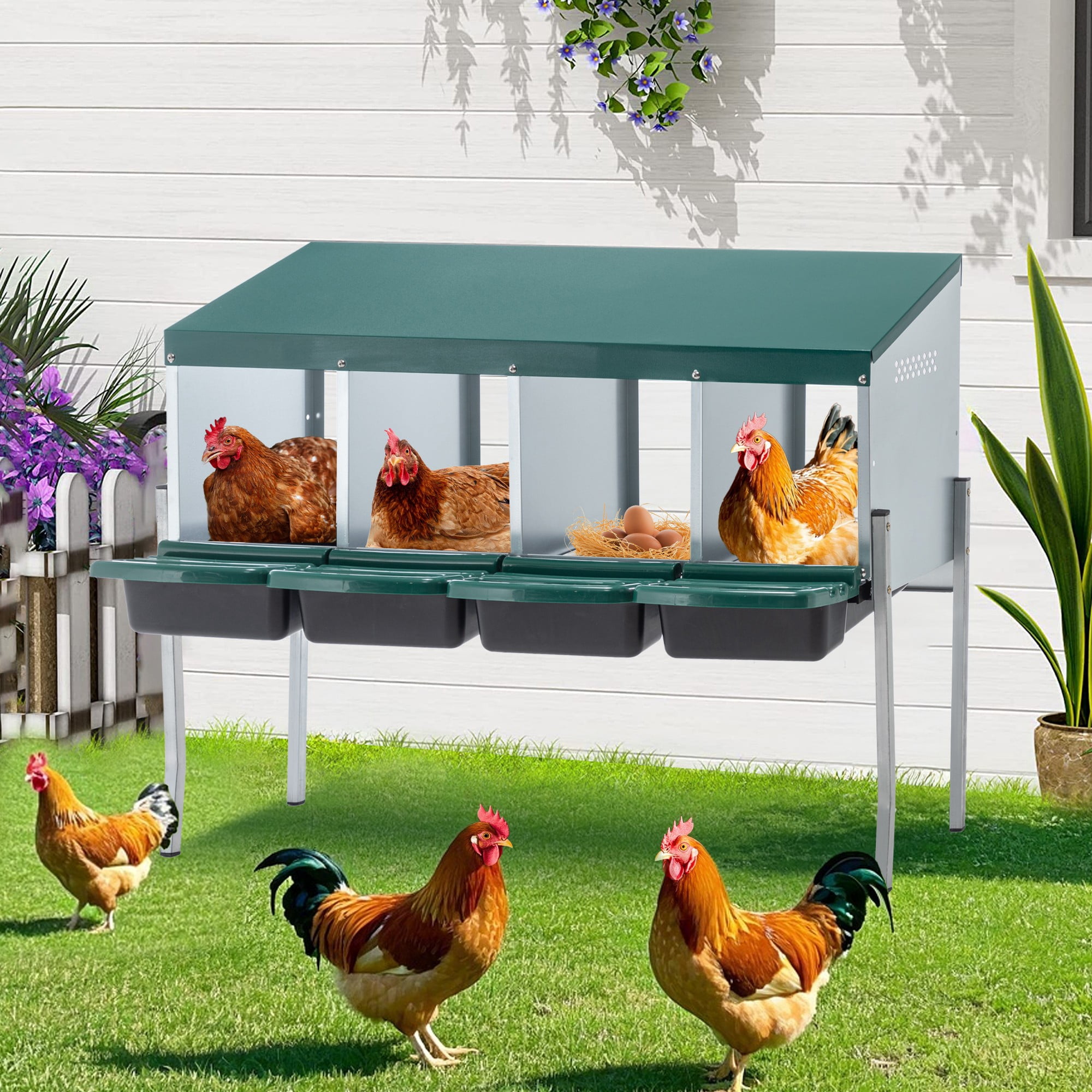Leumius Nesting Boxes for Chickens,4-Hole Chicken Nesting Boxes with Lid Cove to Protect Eggs,Green
