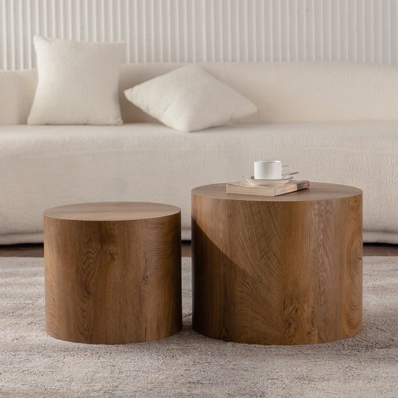 Leumius Nesting Coffee Table Set of 2, Round Wooden Coffee Tables Circle Modern Table, Accent End Side Table for Small Space Living Room Bedroom Brown