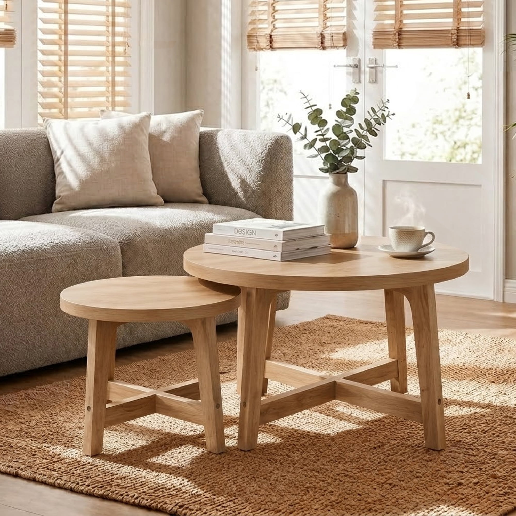 Leumius Nesting Coffee Tables Set of 2,Round Side Table Stackable End Tables,Wooden Accent Coffee Tables for Living Room Bedroom,Natural