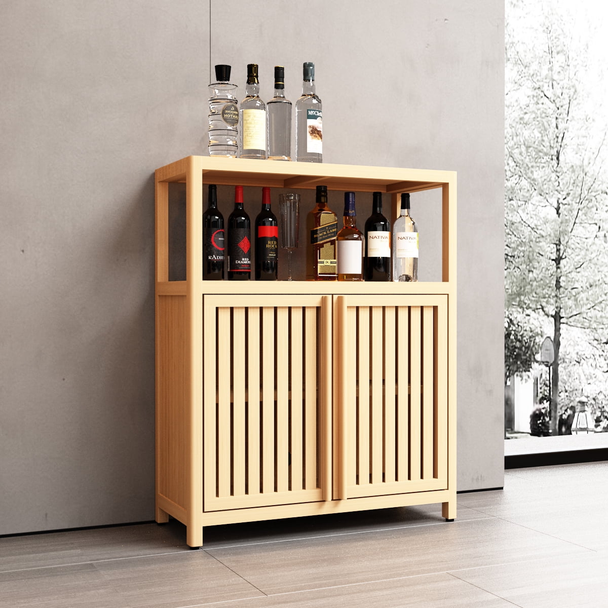 Leumius Neutral Bathroom Storage Cabinet,Bamboo Storage Cabinet with Doors for Bathroom Living Room
