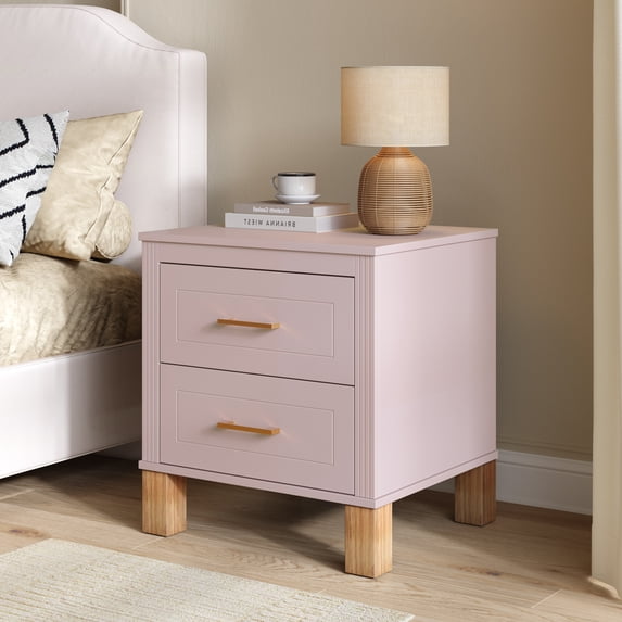 Leumius Nightstand for Bedroom,Wood Bedside Table with 2 Drawer & Solid Wood Legs,Small Storage Cabinet for Living Room,Pink