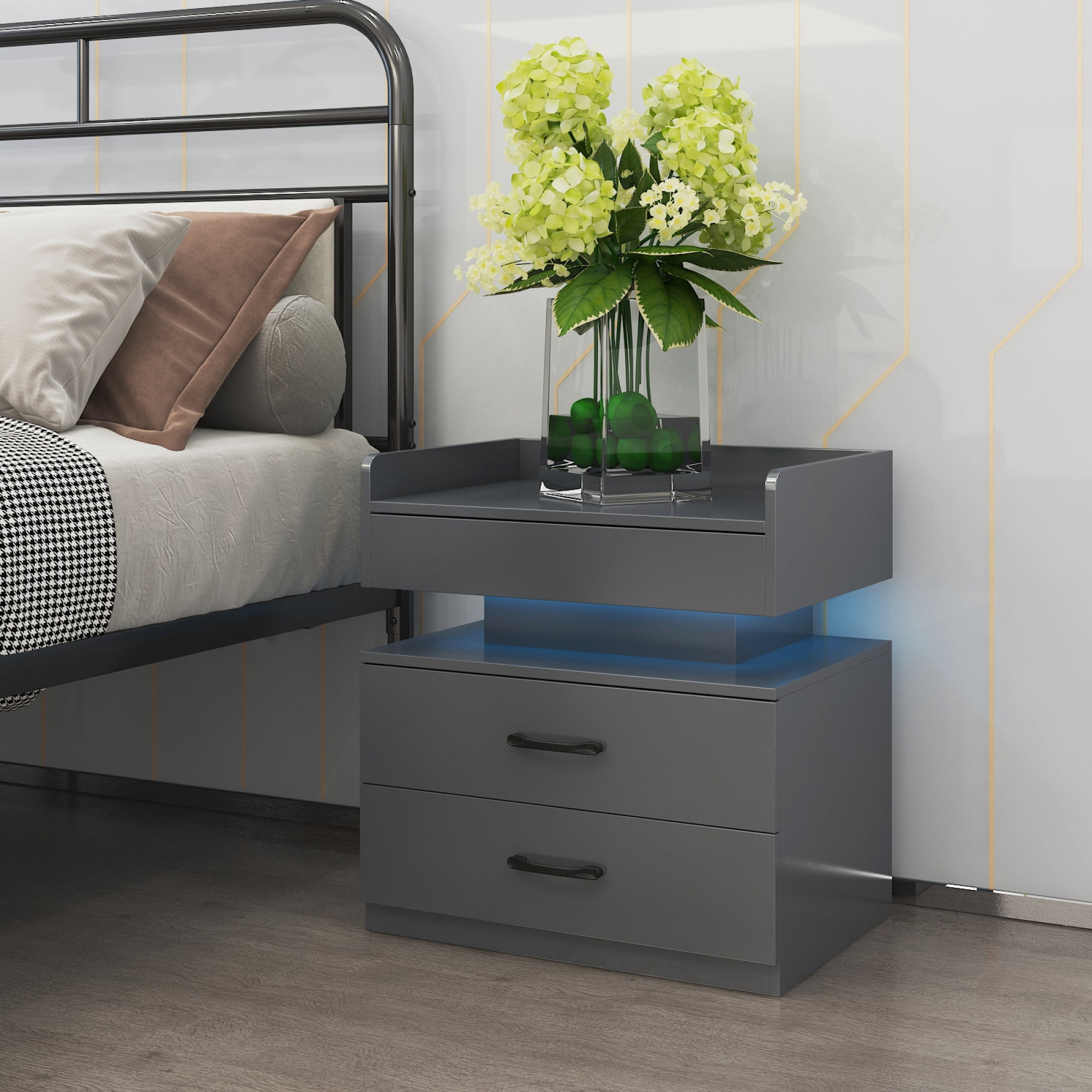 Leumius Nightstand with Adjustable LED & 2-Drawers,Modern Bedside Table, Coffee Table,Sofa Side Table,End Table for Bedroom Living Room,Grey