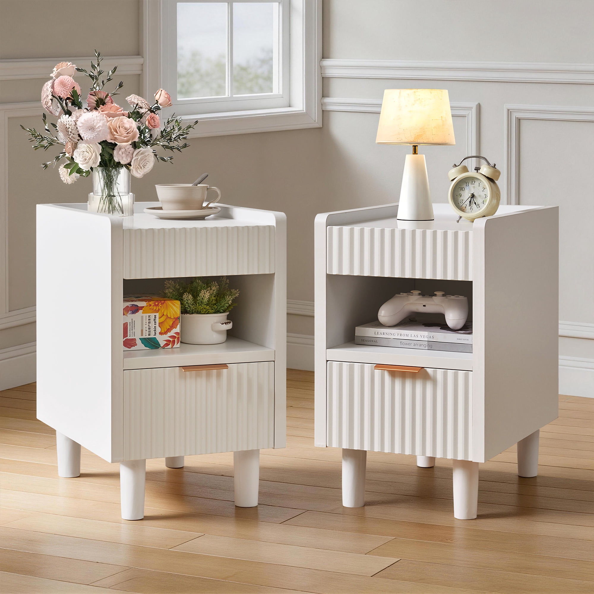Leumius Nightstands Set of 2 with Drawer and Open Storage,Modern Bedroom Bedside End Tables for Living Room Home Decor,White