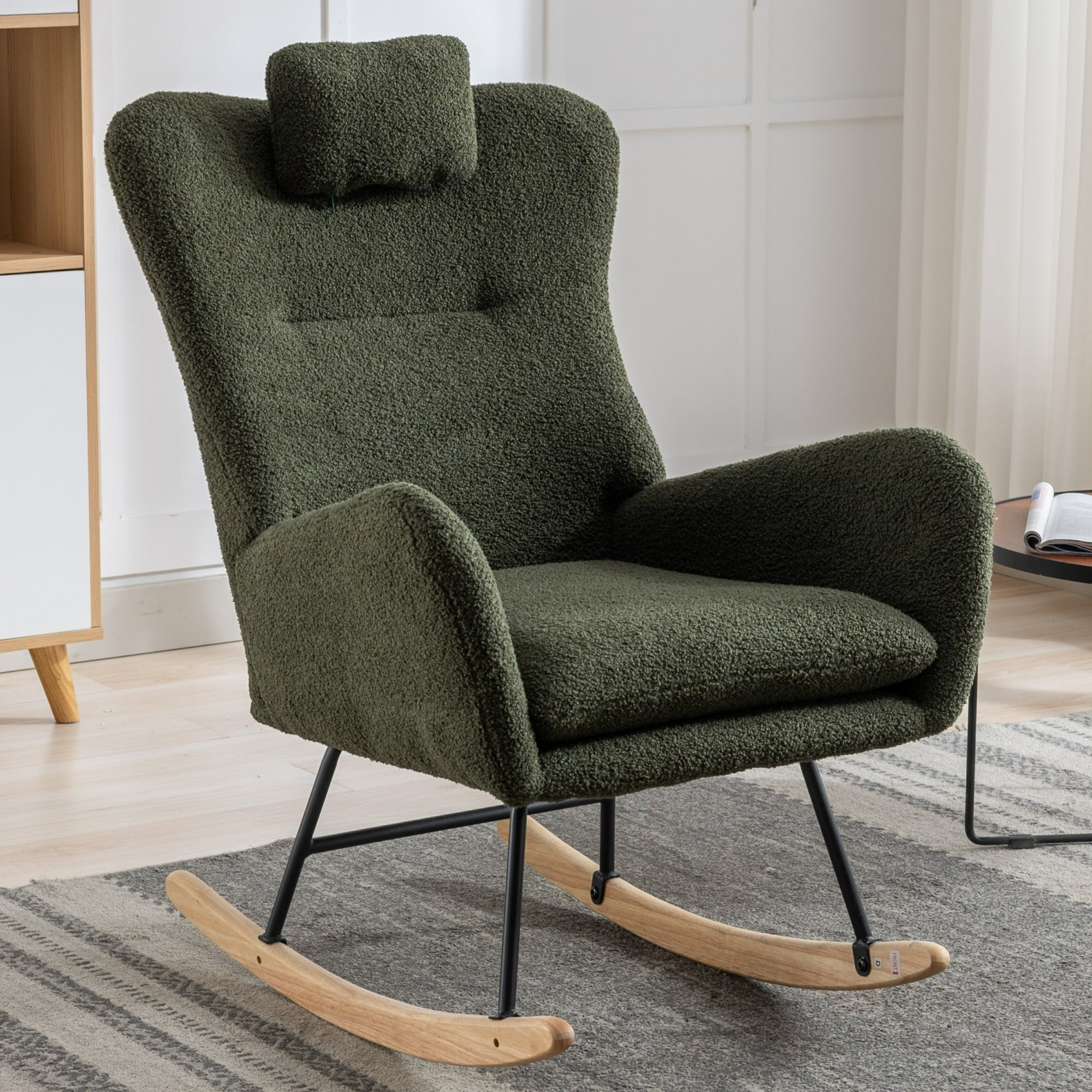 Leumius Nursery Rocking Chair, 35.5" Teddy Fabric Upholstered Glider Rocker with High Backrest, Modern Rocking Accent Chairs Comfy Side Chair for Nursery, Bedroom, Living Room,Dark Green