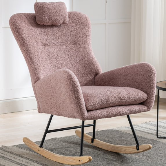 Leumius Nursery Rocking Chair, 35.5" Teddy Fabric Upholstered Glider Rocker with High Backrest, Modern Rocking Accent Chairs Comfy Side Chair for Nursery, Bedroom, Living Room,Pink