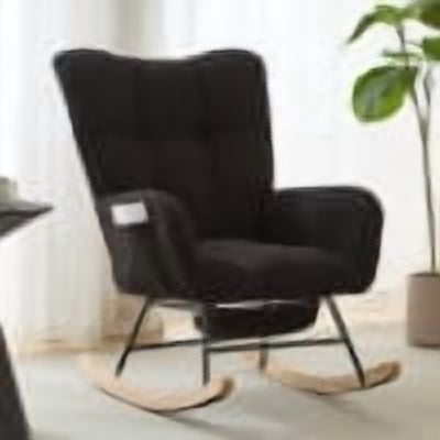 Leumius Nursery Rocking Chair with Footrest,Teddy Fabric Upholstered Glider Rocker Chair with High Backrest,Side Storage Pocket & Solid Wood Legs,Comfy Accent Chair for Living Room Bedroom,Black