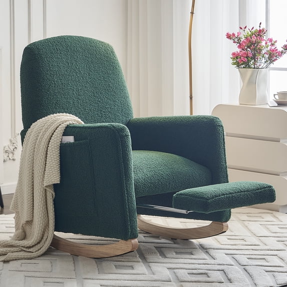 Leumius Nursery Rocking Chair,Teddy Fabric Upholstered Glider Rocker Chair with Adjustable Footrest,Comfortable Rocker Recliner with Side Pocket for Living Room, Bedroom, Nursing Room,Green