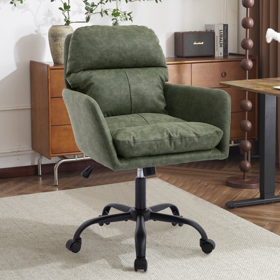 Leumius Office Chair with Black Base & Adjustable In Height,PU Leather Chair for Office Bedroom Dressing Table Green