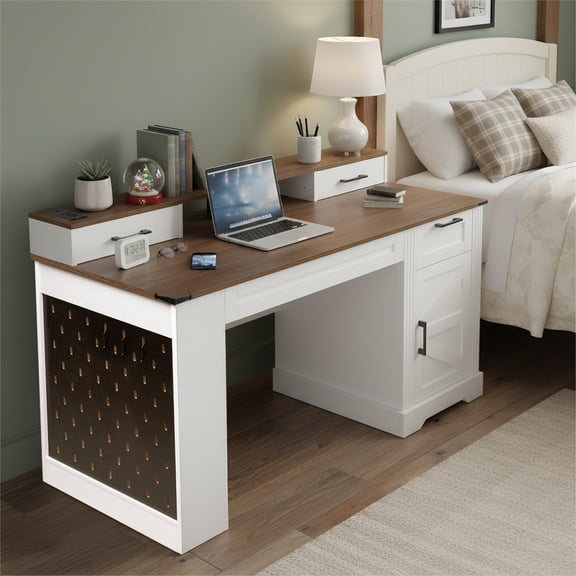 Leumius Office Desk with Storage Cabinet & Charging Station, Barn Door Design Computer Writing Desk with Monitor Stand and Pegboard for Study, Living Room, Home Office, White