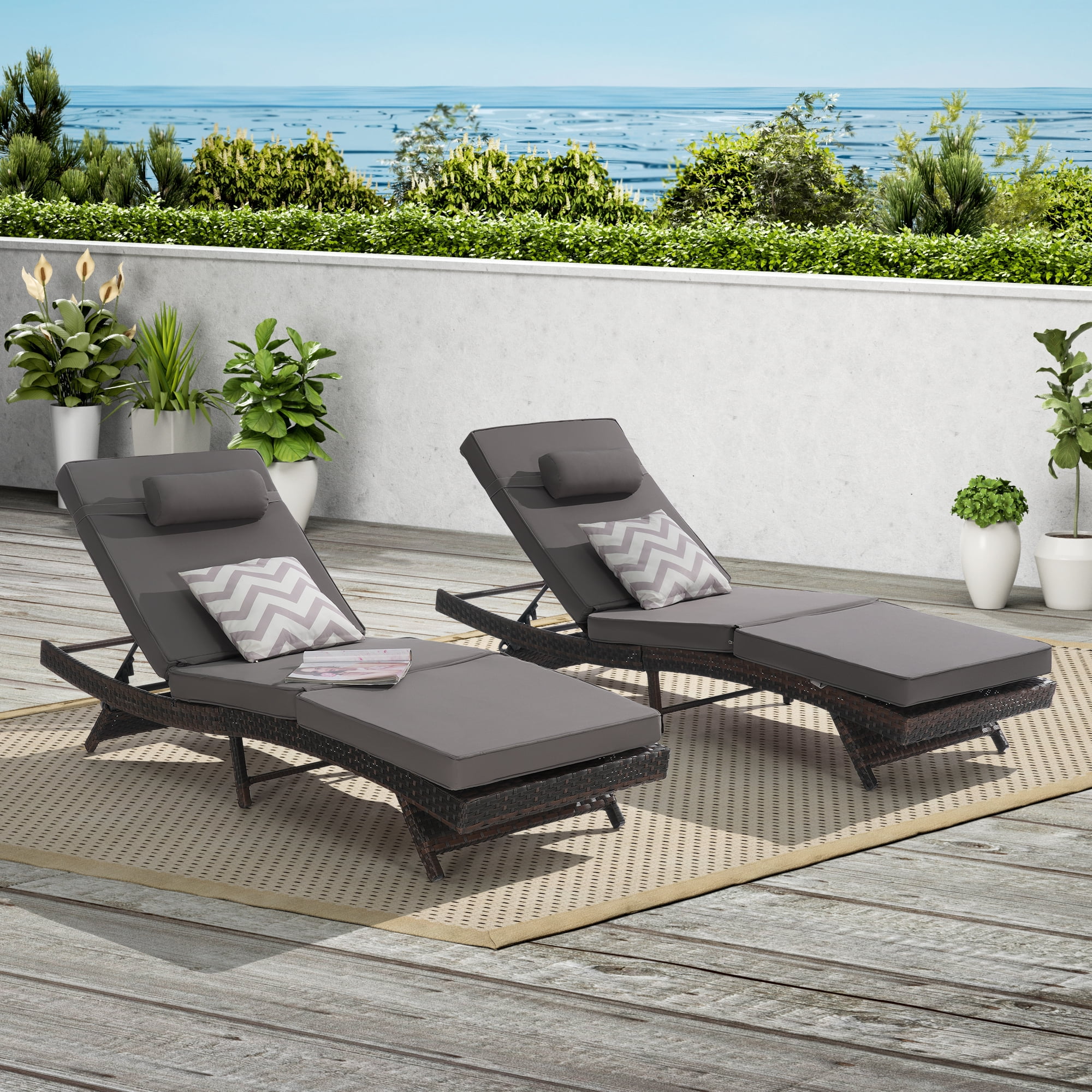 Leumius Outdoor Chaise Lounge Chair Set of 2,Wicker Long Reclining Chair with Cushions and Backrest Adjustable to 150° for Outside Pool Patio,Dark Gray
