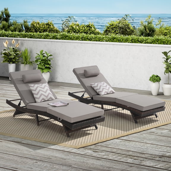 Leumius Outdoor Chaise Lounge Chair Set of 2,Wicker Long Reclining Chair with Cushions and Backrest Adjustable to 150° for Outside Pool Patio,Light Gray