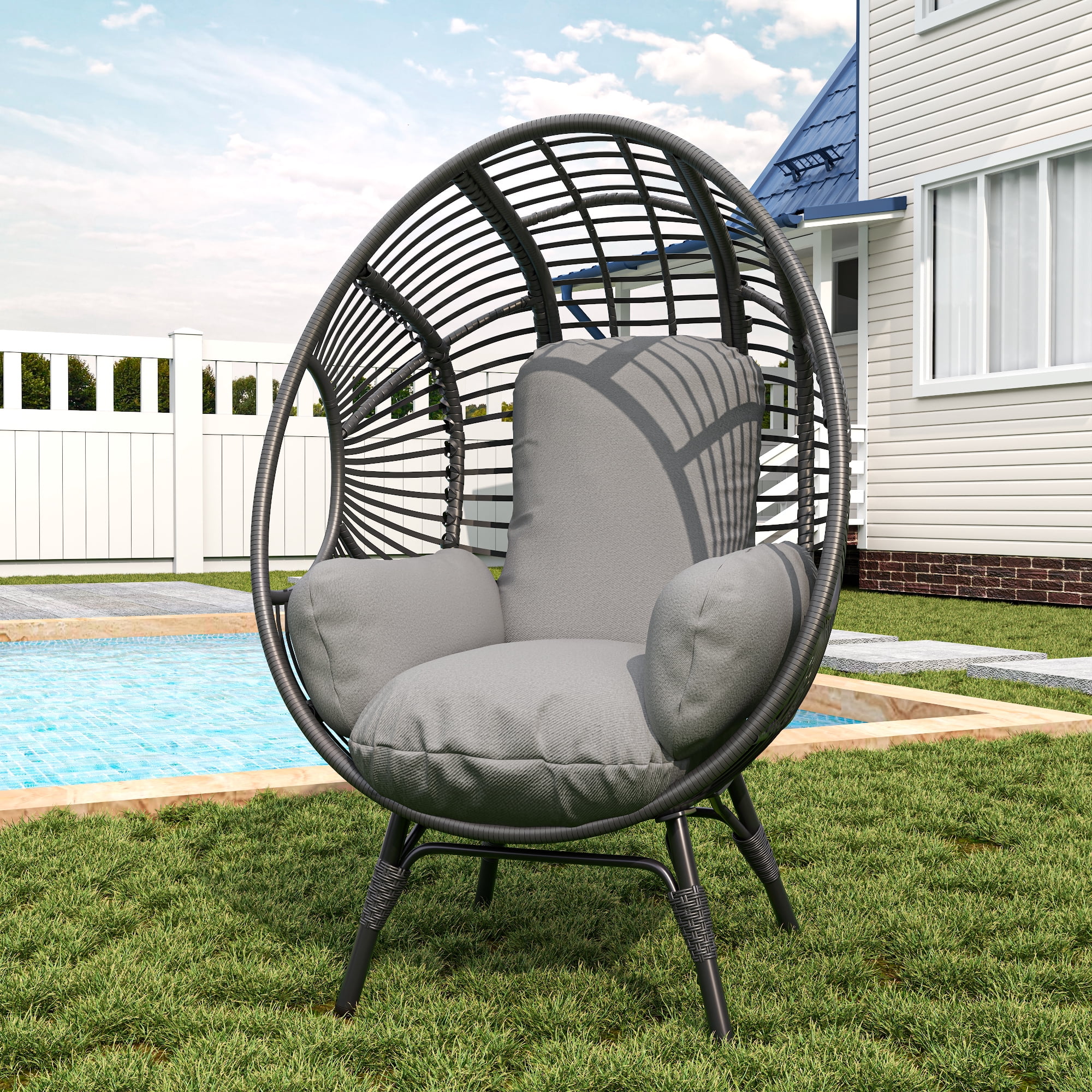 Leumius Outdoor Egg Chairs,Oversized Outdoor Patio Wicker Egg Shell Lounger Lawn Chair with Cushion for Indoor Porch Balcony Backyard,Black+ Gray