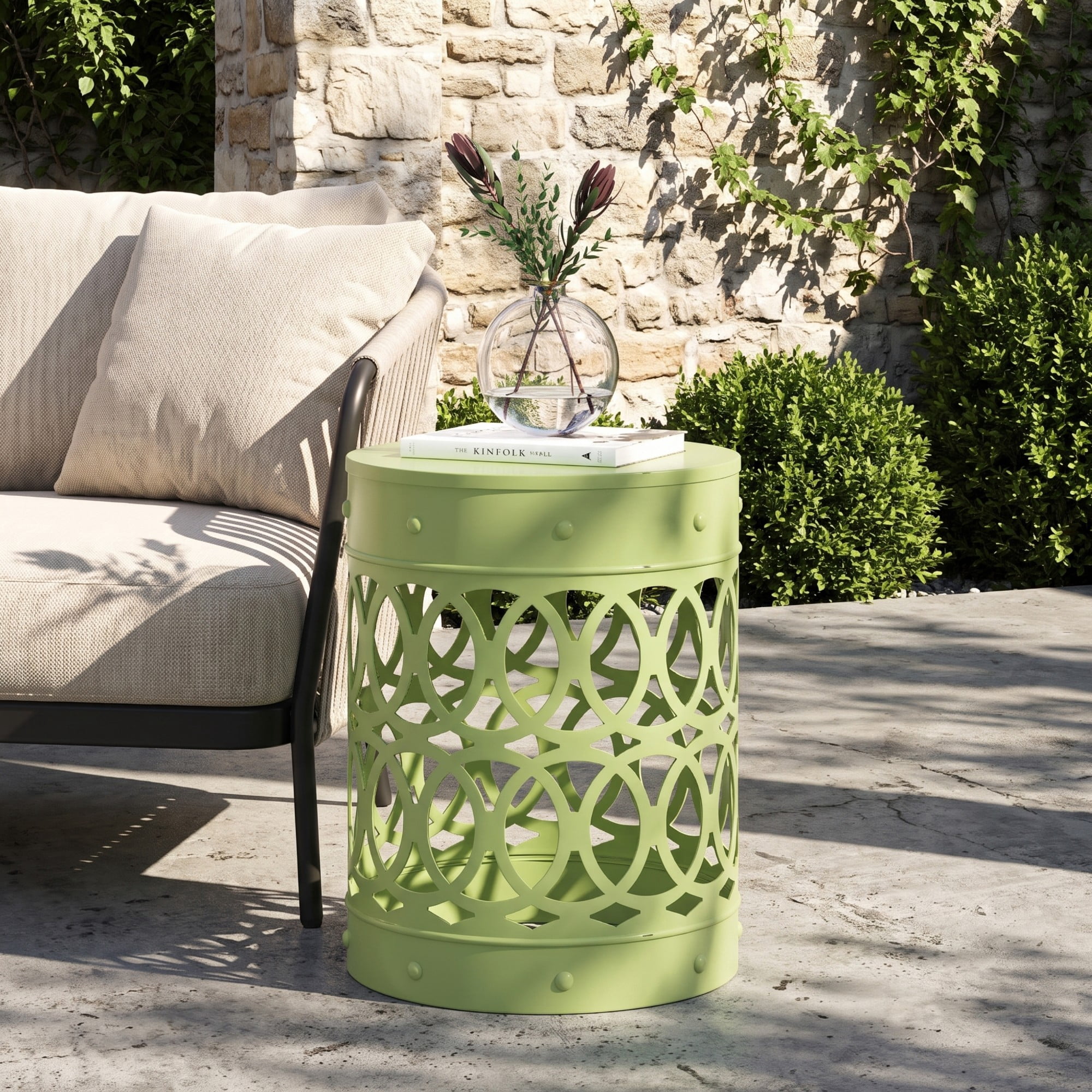Leumius Outdoor Metal End Table All-Metal End Table Modern Accent Table for Patio/Outdoor,13.75" x 13.75" x 18",Green