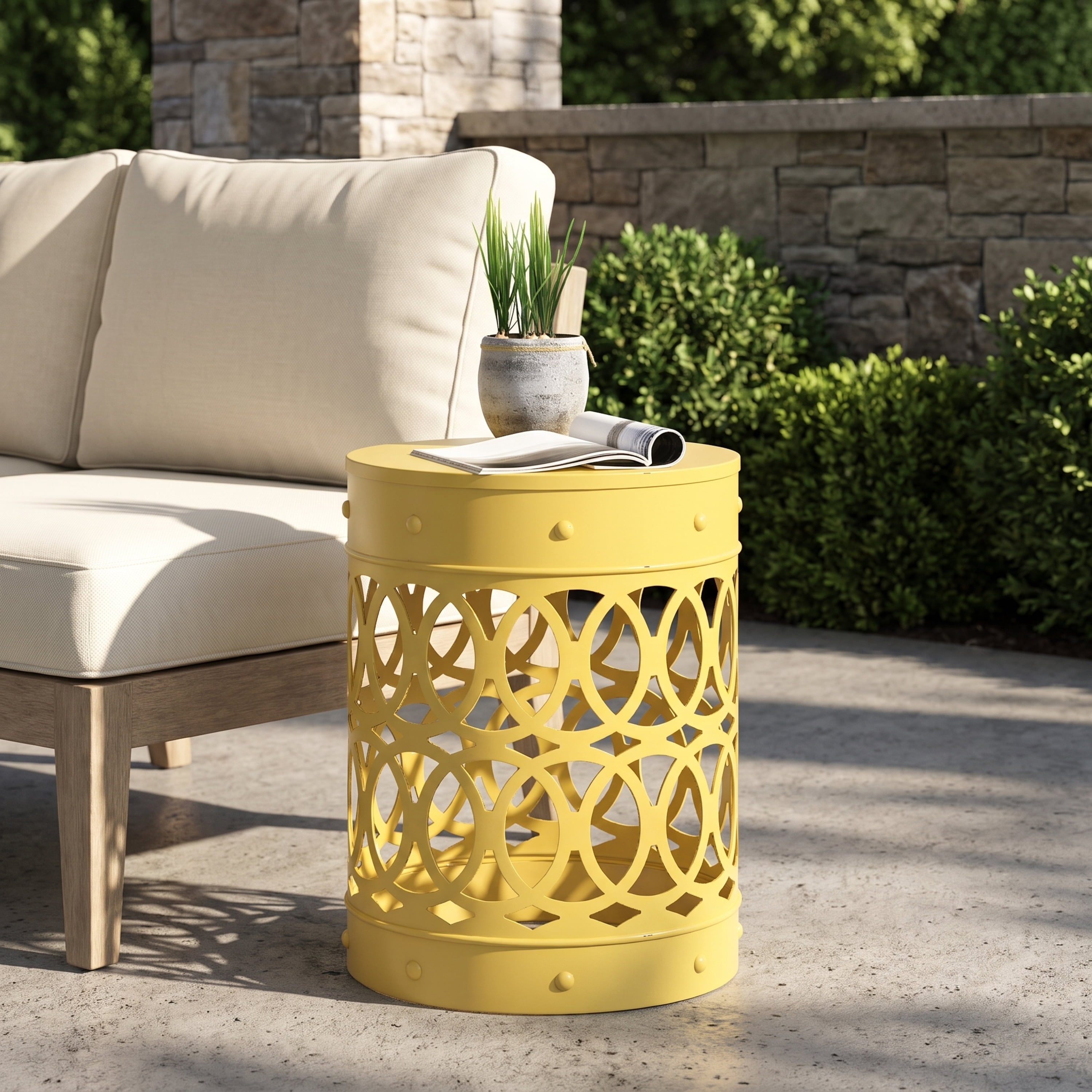 Leumius Outdoor Metal End Table All-Metal End Table Modern Accent Table for Patio/Outdoor,13.75" x 13.75" x 18",Yellow