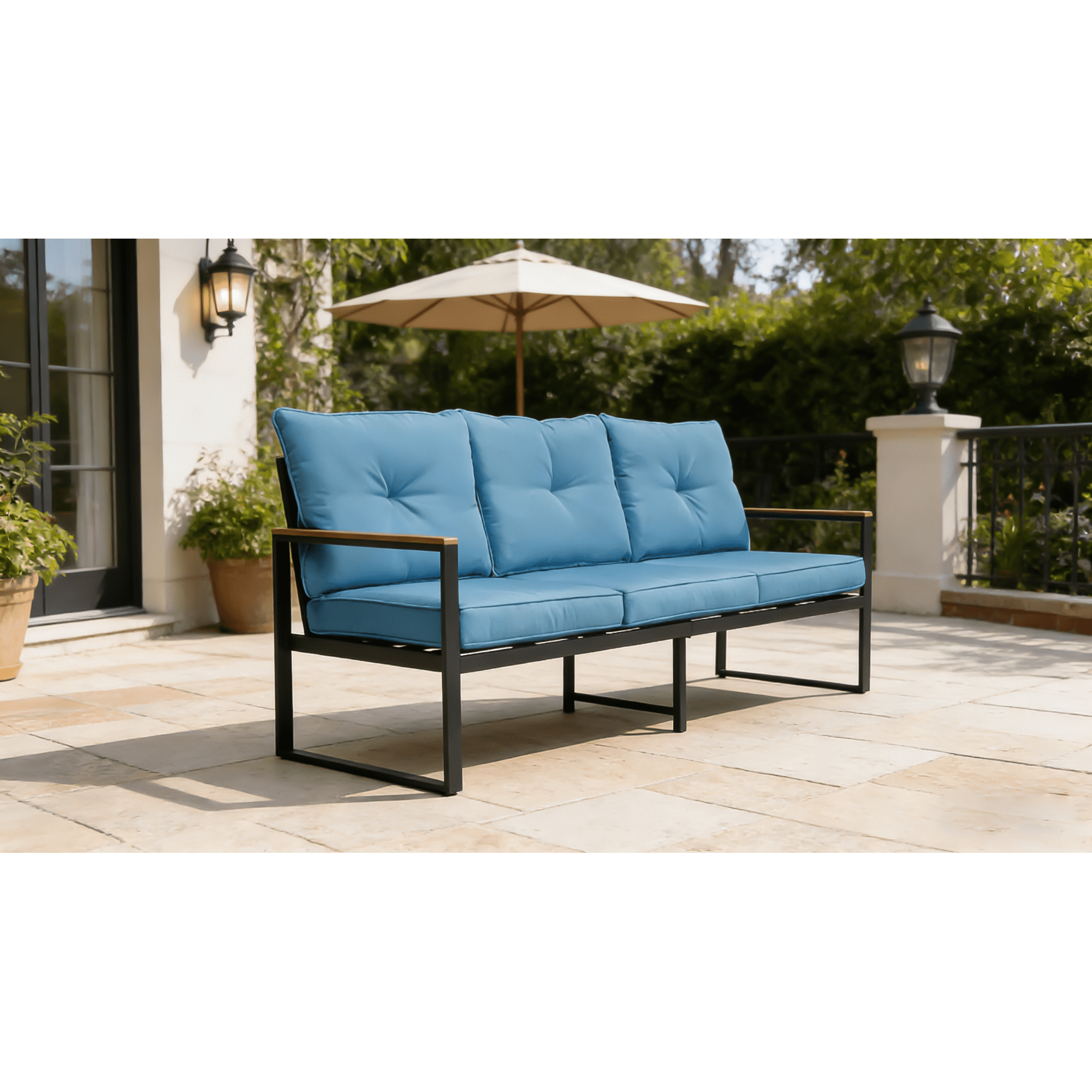 Leumius Outdoor Patio Sofa,Metal 3-Seat Couch with Thick Cushions,Patio Conversation Sofa Couch for Deck Garden Poolside,Blue