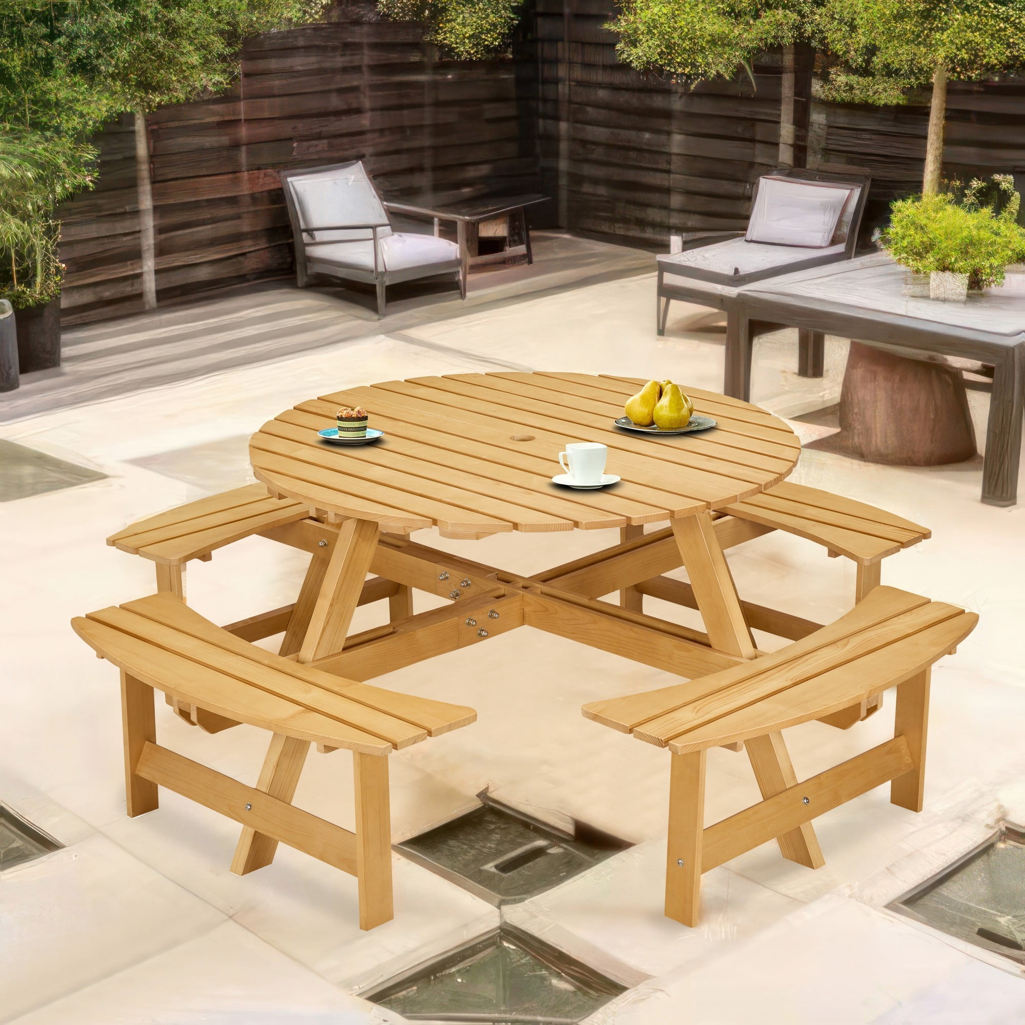 Leumius Outdoor Picnic Table Bench Set for 8 Persons,Round Picnic Table with 4 Built-in Benches & Umbrella Hole, Outside Table and Bench Set for Garden,Backyard,Porch,Patio,Natural