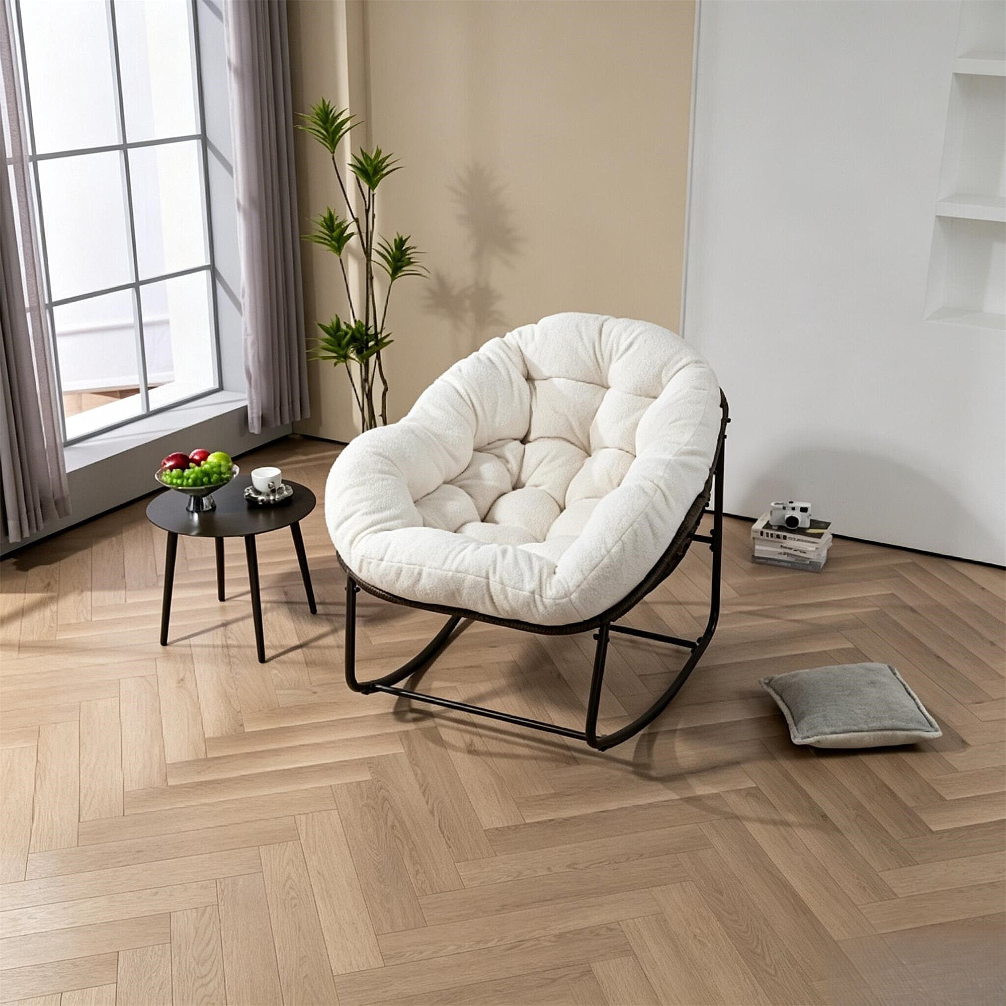 Leumius Outdoor Rattan Rocking Chair, Padded Cushion Rocker Recliner Chair Outdoor for Front Porch Living Room Patio Garden, Ancient White