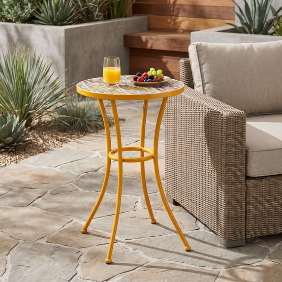 Leumius Outdoor Side Table with Tile Mosaic Top & Metal Legs,14" Square Accent Table for Patio/Garden/Balcony,Yellow