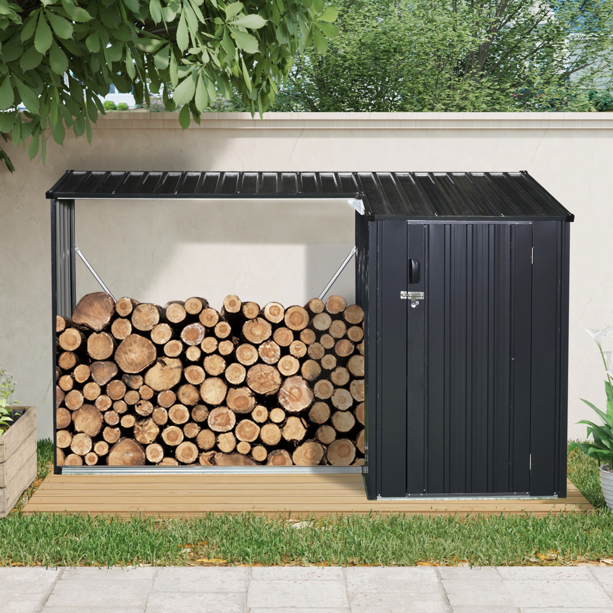 Leumius Outdoor Steel Firewood Rack and Metal Storage Shed,Two-In-One for Backyard, Patio, Lawn Black