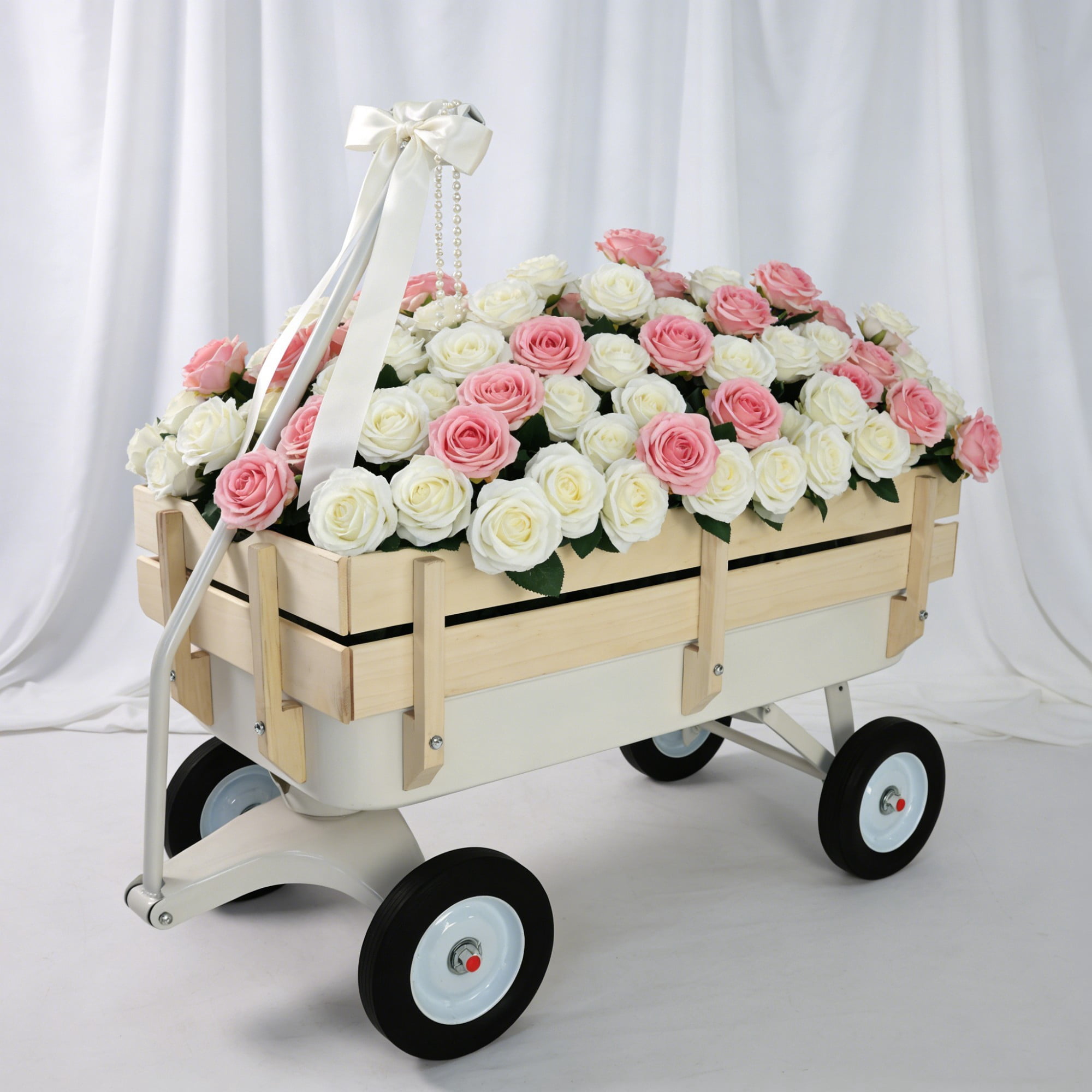 Leumius Outdoor Wagon with Pulling Wood Railing Panels,39" Utility Wagon with 10 Inch Wheels,176LBS Capacity for Beach,Garden,Park,White