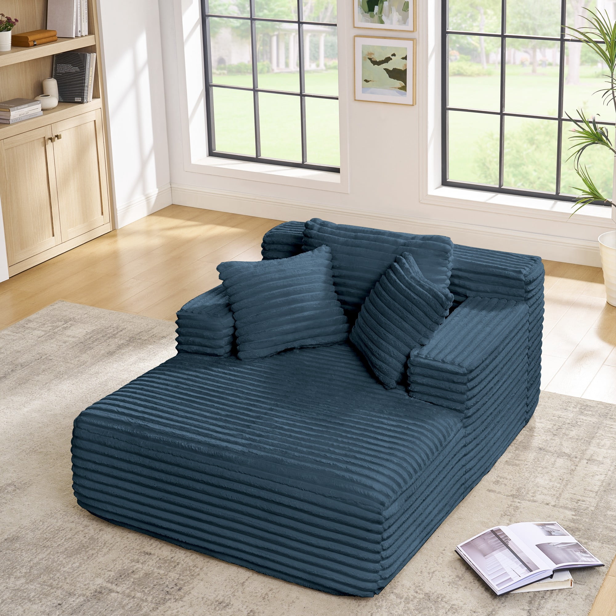 Leumius Oversized Chaise Lounge Chair,Corduroy Upholstered Cloud Couch Compressed Sofa Bed with Deep Seat for Living Room,No Assembly,Blue