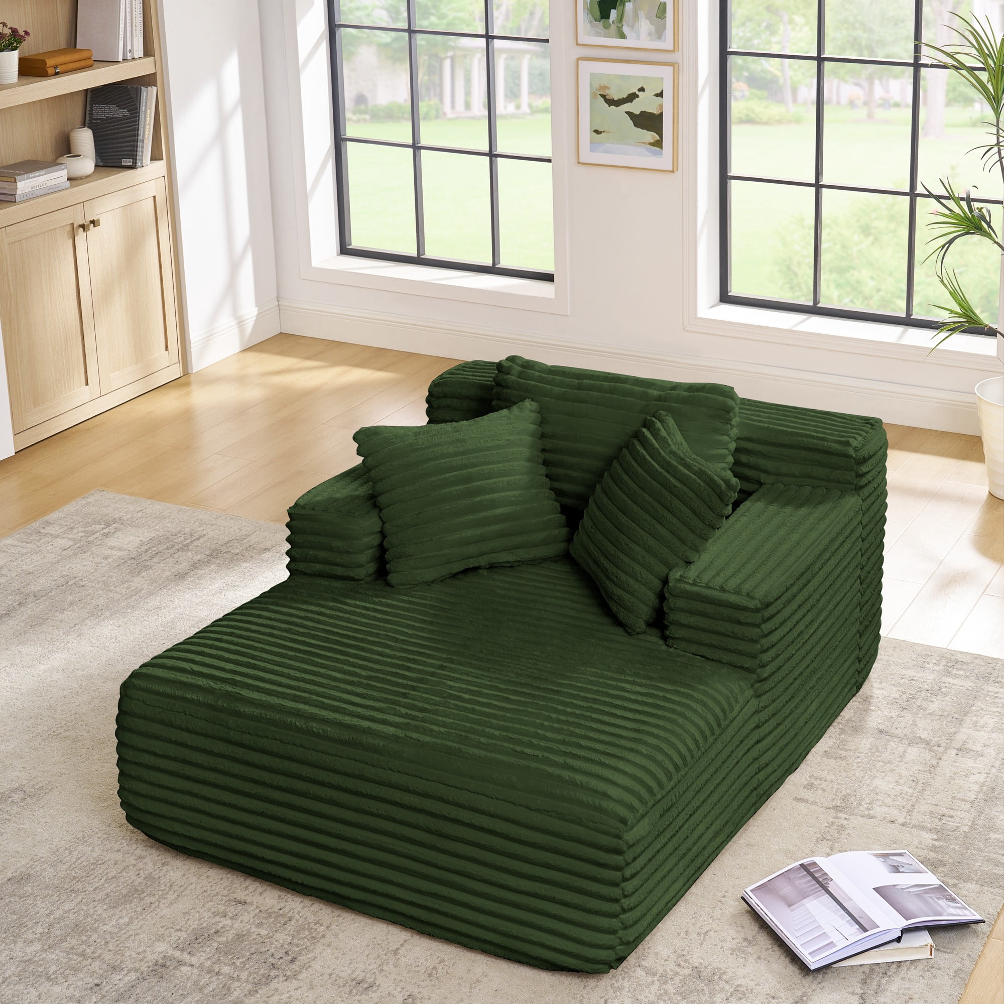 Leumius Oversized Chaise Lounge Chair,Corduroy Upholstered Cloud Couch Compressed Sofa Bed with Deep Seat for Living Room,No Assembly,Green