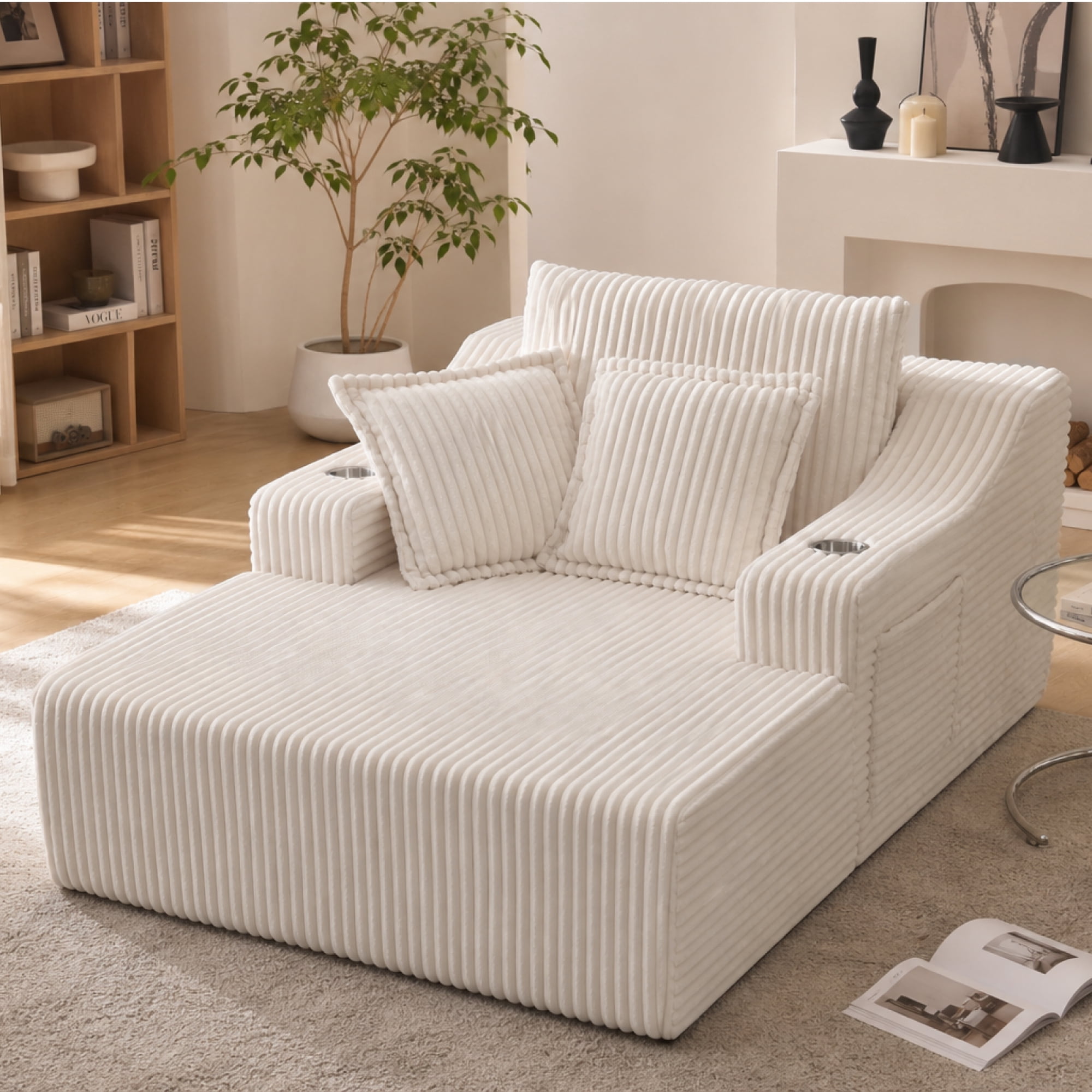 Leumius Oversized Chaise Lounge Chair Indoor,67'' Faux Fur Upholstered Boneless Sofa Bed,Deep Seat Sleeper Cloud Sofa with Cup Holders & 3 Pillows for Living Room, No Assembly Required,White