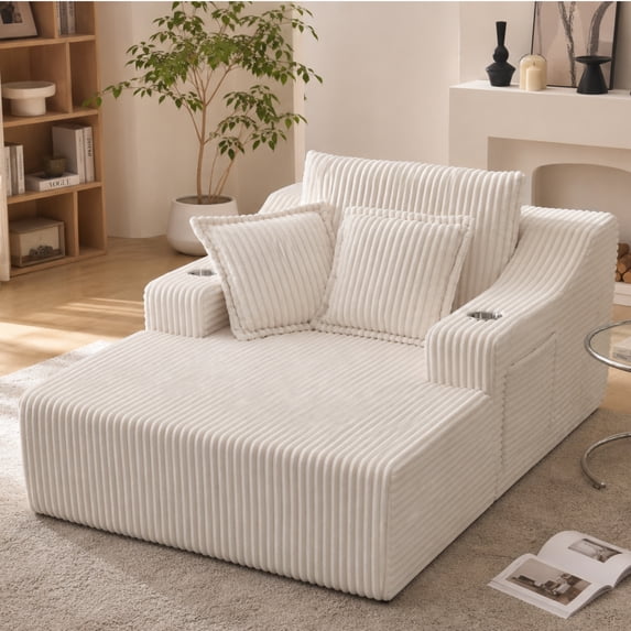 Leumius Oversized Chaise Lounge Chair Indoor,67'' Faux Fur Upholstered Boneless Sofa Bed,Deep Seat Sleeper Cloud Sofa with Cup Holders & 3 Pillows for Living Room, No Assembly Required,White