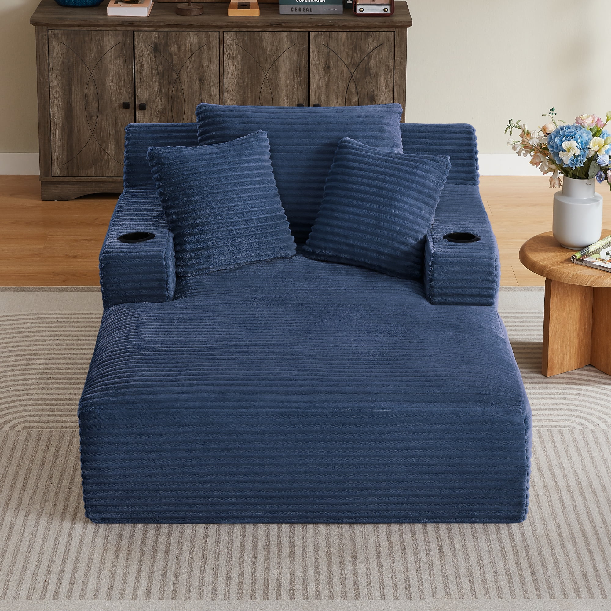 Leumius Oversized Chaise Lounge Chair Indoor,Cloud Plush Corduroy Upholstered Sofa Bed with Cupholders,Deep Seat Boneless Sofa with Pillows for Living Room Bedroom, No Assembly Required,Blue