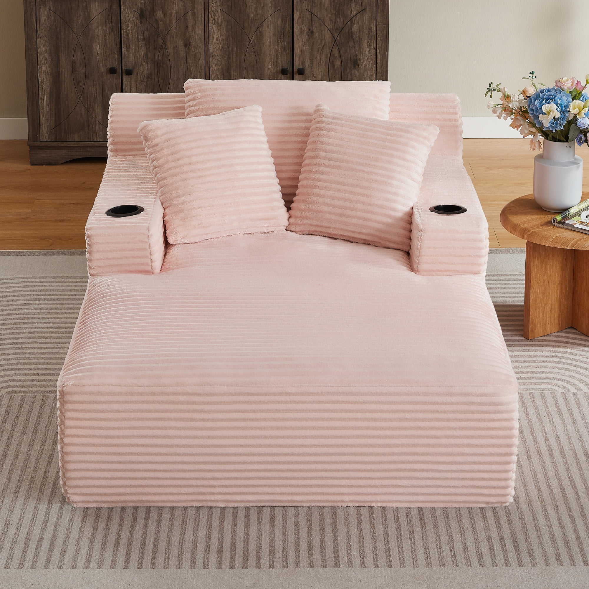 Leumius Oversized Chaise Lounge Chair Indoor,Cloud Plush Corduroy Upholstered Sofa Bed with Cupholders,Deep Seat Boneless Sofa with Pillows for Living Room Bedroom, No Assembly Required,Pink