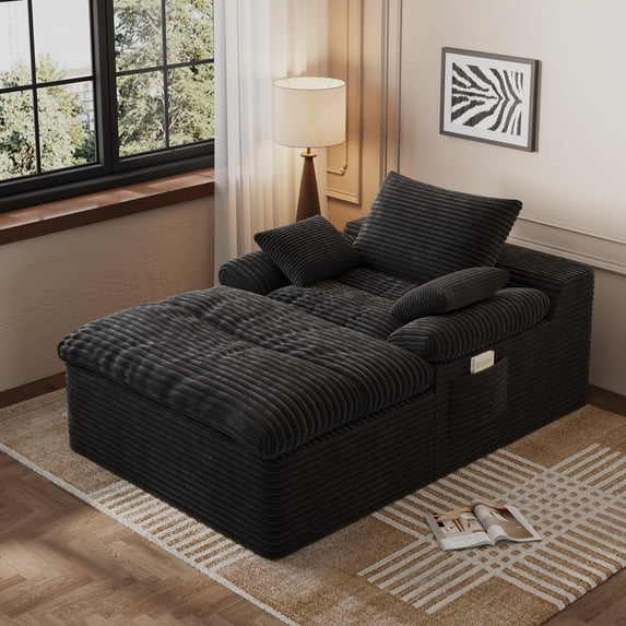 Leumius Oversized Chaise Lounge Chair Indoor,Corduroy Upholstered Sofa Bed with Deep Seat,Cozy Lounge Chair Sleeper Sofa for Living Room,Bedroom,No Assembly Required,Black
