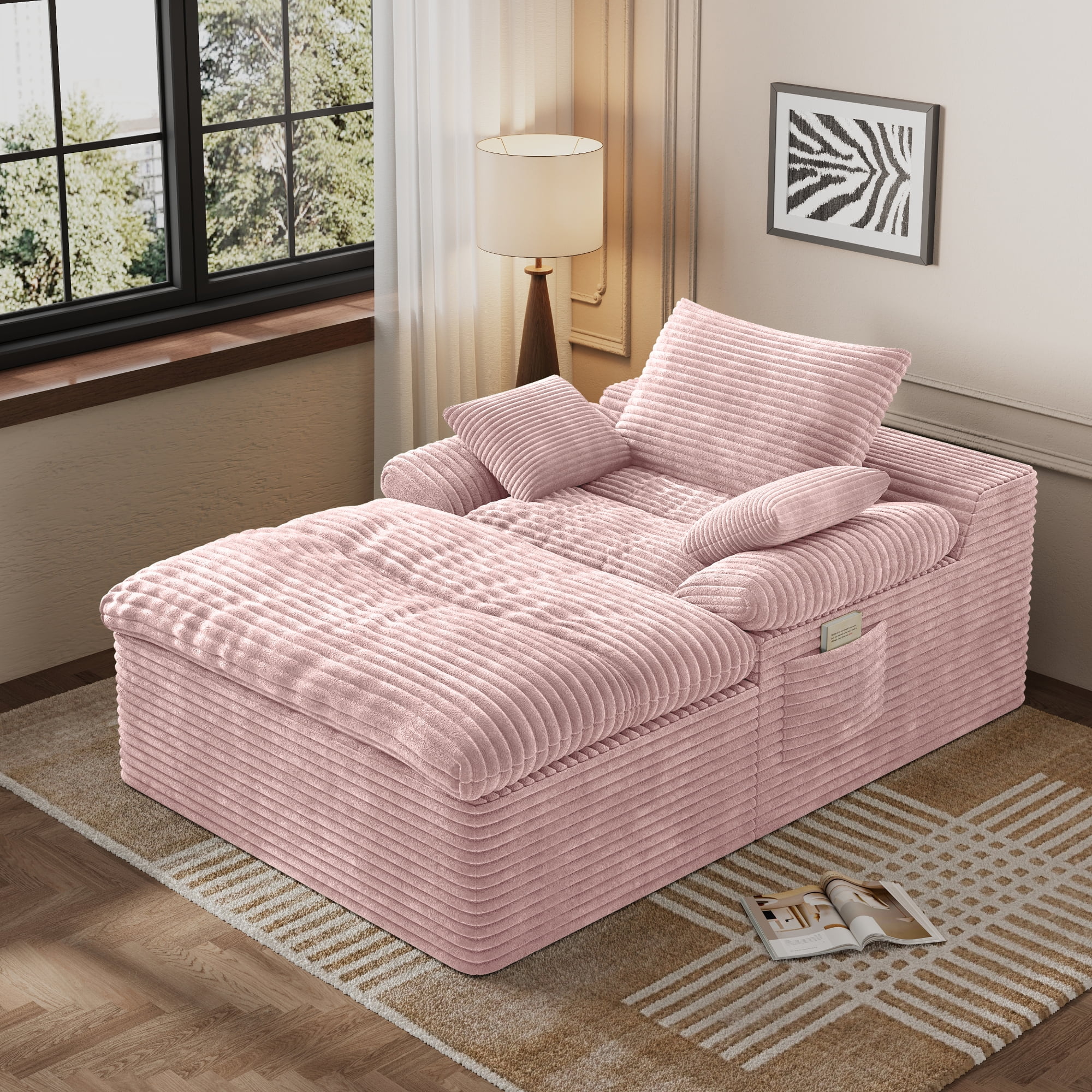 Leumius Oversized Chaise Lounge Chair Indoor,Corduroy Upholstered Sofa Bed with Deep Seat,Cozy Lounge Chair Sleeper Sofa for Living Room,Bedroom,No Assembly Required,Baby Pink