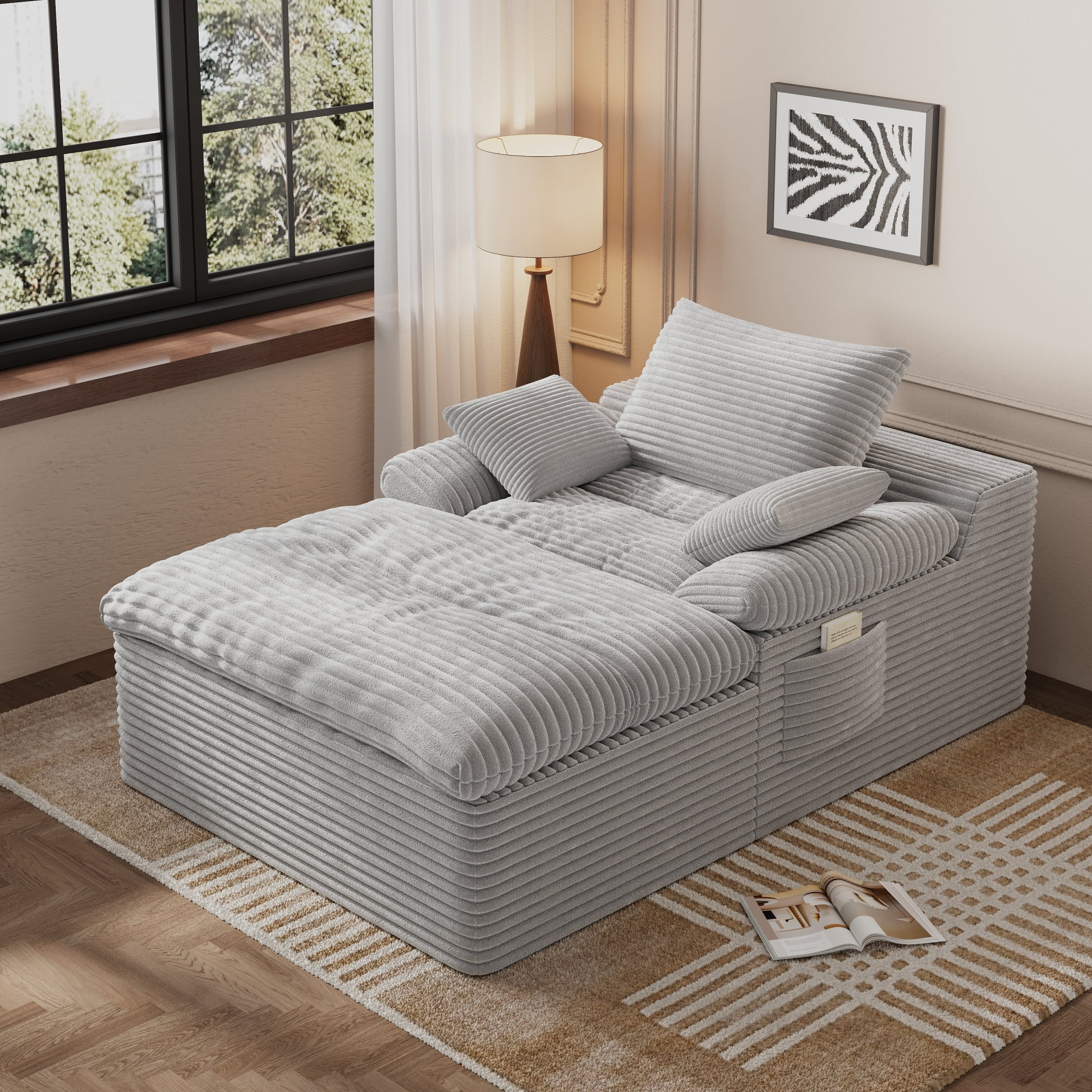 Leumius Oversized Chaise Lounge Chair Indoor,Corduroy Upholstered Sofa Bed with Deep Seat,Cozy Lounge Chair Sleeper Sofa for Living Room,Bedroom,No Assembly Required,Light Gray