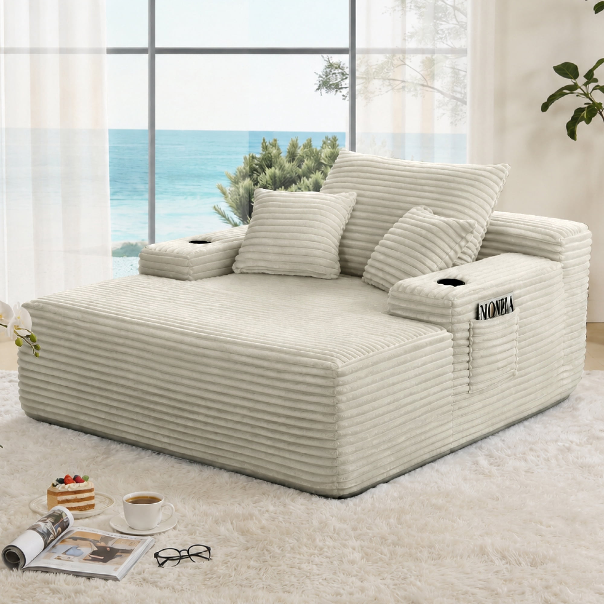 Leumius Oversized Chaise Lounge Chair Indoor, Cozy Boneless Couch Sofa Bed with Wide Armrest & Throw Pillows,Cup Holder for Living Room,Bedroom,No Assembly Required,Beige