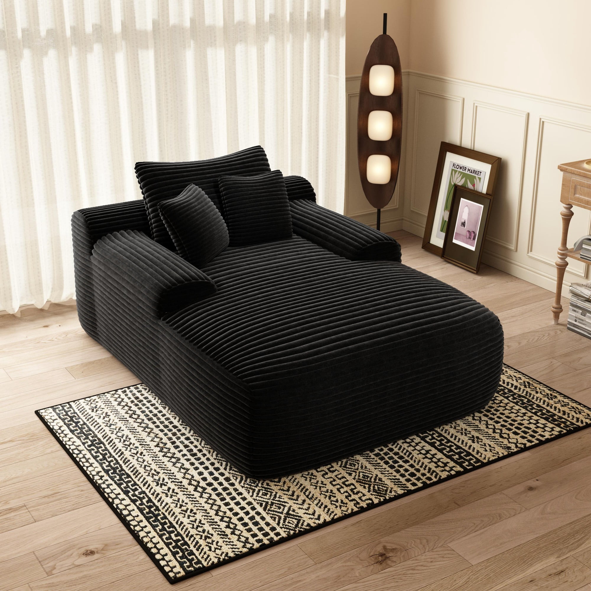 Leumius Oversized Chaise Lounge Chair Indoor, Cozy Boneless Sleeper Sofa Bed with Wide Armrest & Throw Pillows for Living Room,Bedroom,No Assembly Required,Black(Plush)