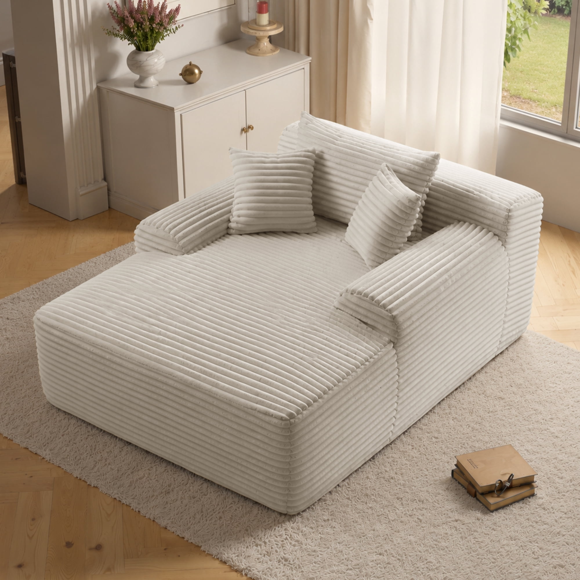 Leumius Oversized Chaise Lounge Chair Indoor, Cozy Boneless Sleeper Sofa Bed with Wide Armrest & Throw Pillows for Living Room,Bedroom,No Assembly Required,White(Plush)