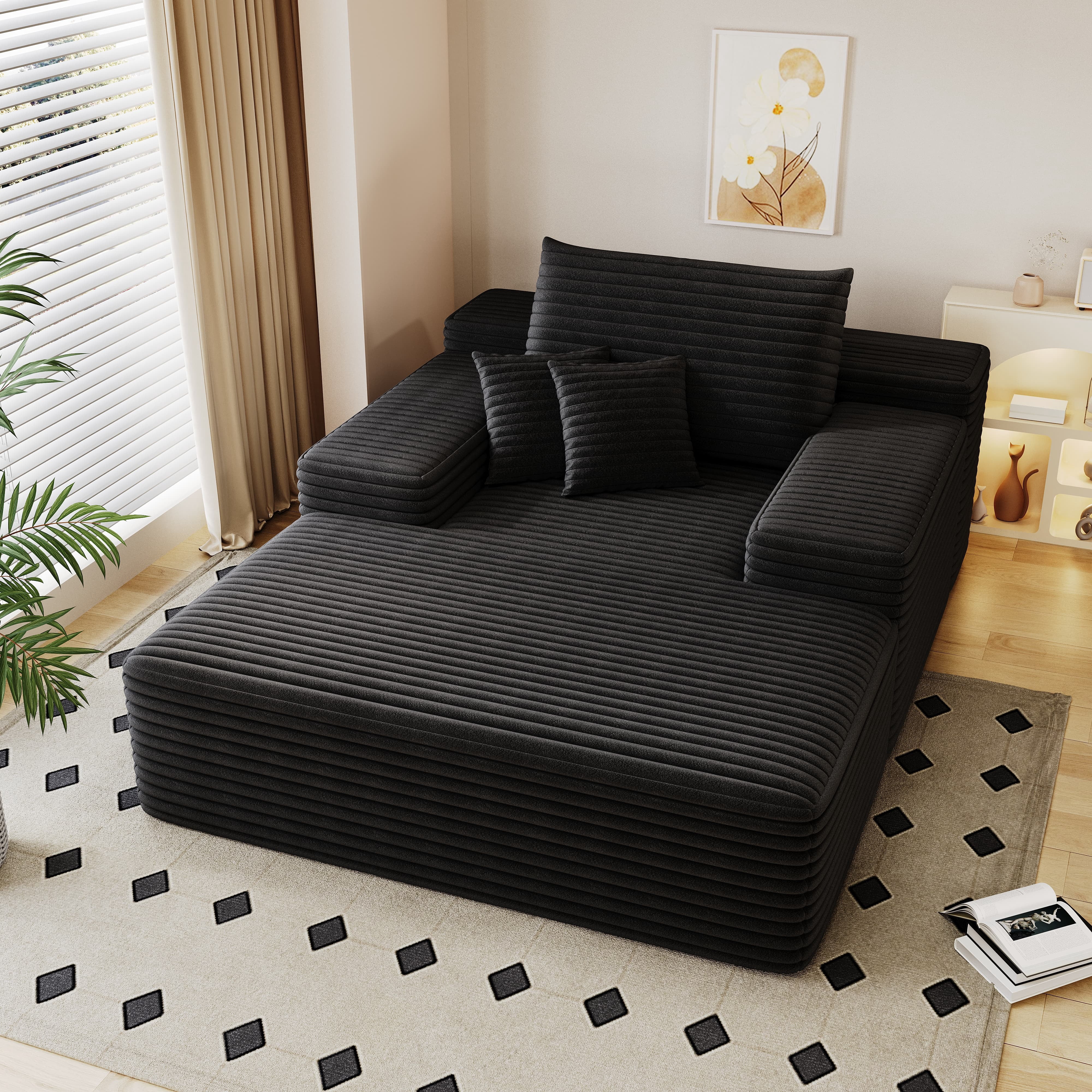 Leumius Oversized Chaise Lounge Chair Indoor Furniture, No Assembly Required, Plush Corduroy Upholstered Sofa Bed Cozy Sleeper Couch for Living Room, Bedroom, Black